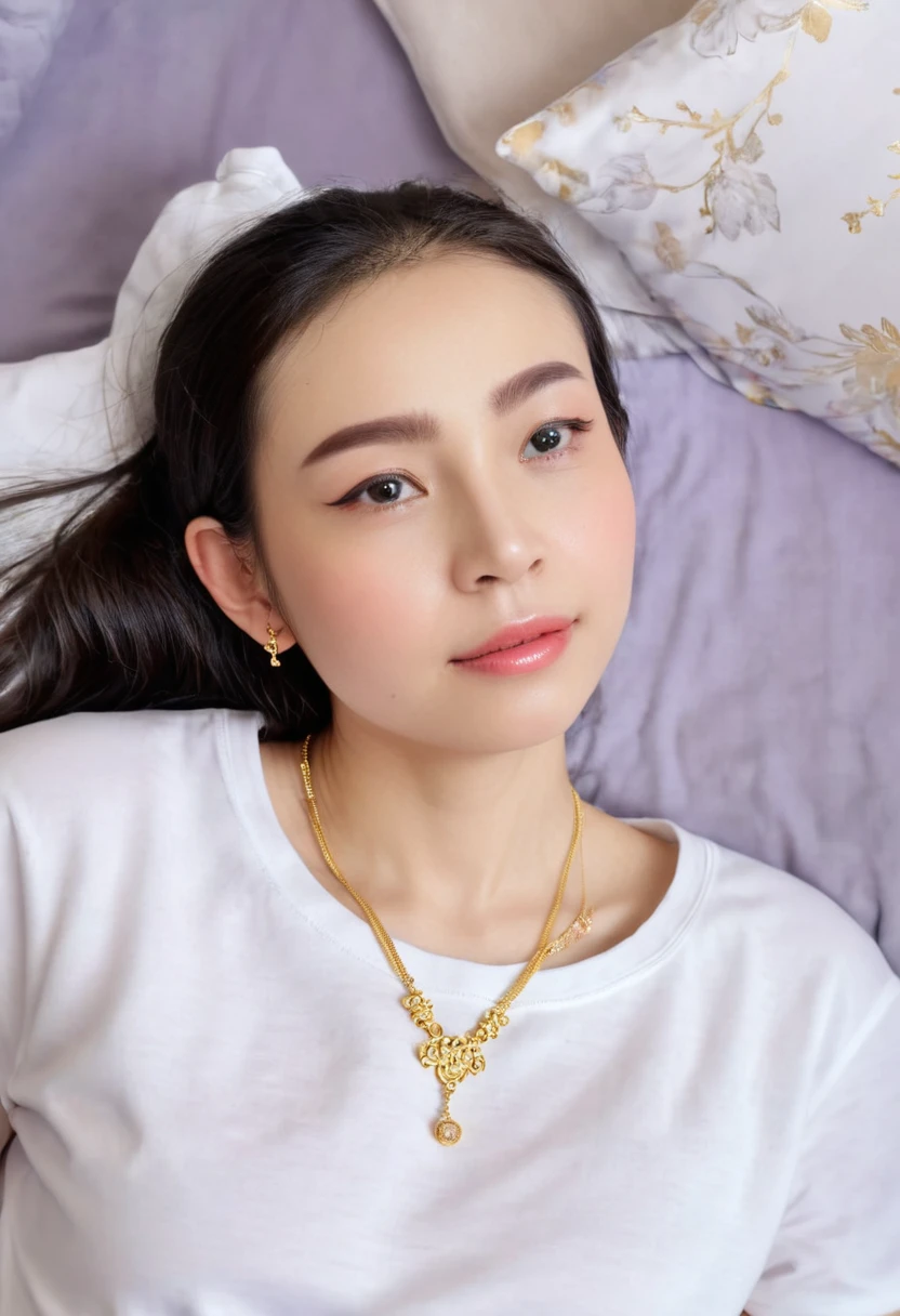 1 girl,8k, masterpiece,on bed, small gold necklace,lie down