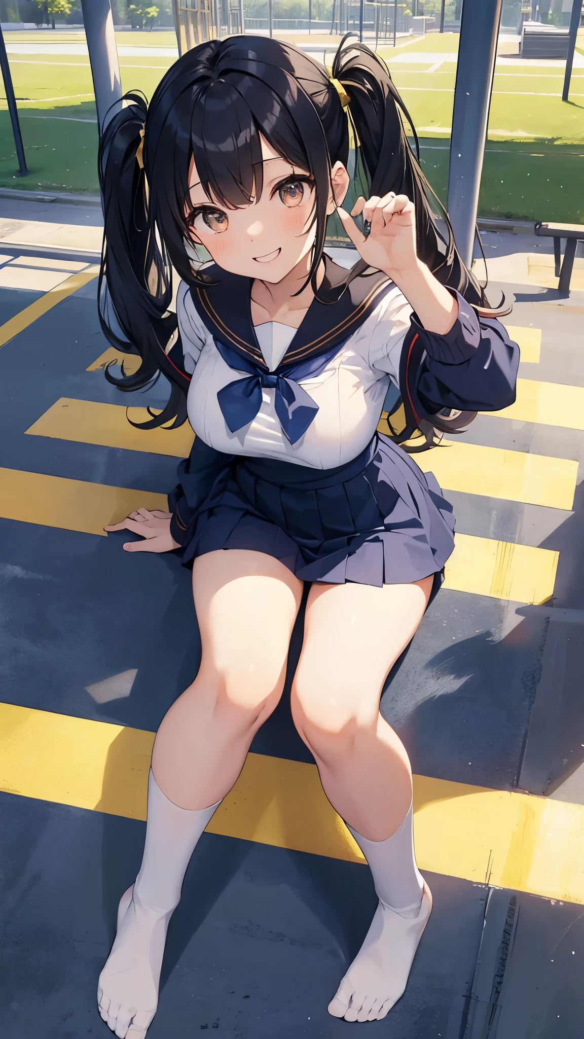 highest quality、All limbs、full finger、Slender beauty、black haired、medium hair、twin tails、golden eyes、barefoot、dark blue socks、sailor suit、navy blue mini skirt、beautiful big breasts、big smile、sexy pose、school playground、Right hand extended upwards、Jump with your knees wrapped around your knees