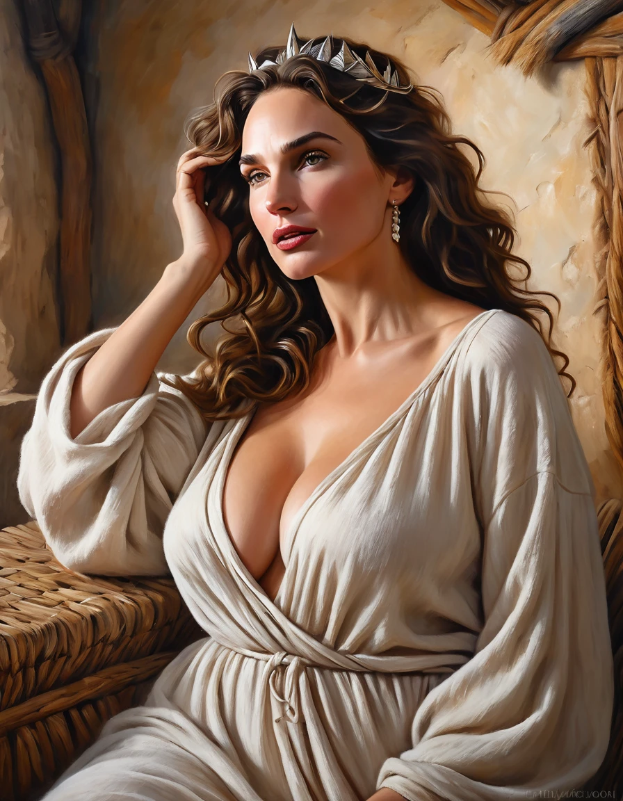 Create a picture of a Beautiful ((Natural Busty Saggy Boobs)) and Horny Neolithic European MILF [Elizabeth II:Gal Gadot:0.46], detailed beautiful face, wears Neolithic natural loose sleeping clothing, ((she lift her hands up sensually fix her hairdo)) at her neat mesmerizing Neolithic bedroom, photo realistic oil on canvas painting, realism style.