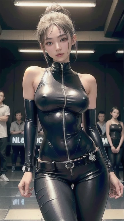 ta, smile, 20-year-old, ((highest quality)), ((masterpiece)), (High resolution:1.3), 3D, beautiful (cyber punk:1.3), Stylish woman in black leather clothes looking at camera, No sleeve, embarrassing, I can't see the skin on my lower back, blue black leather pants, silver zipper,belt below the waist,super detailed illustrations,blonde , show your forehead, silver center zipper, Leather blue-black bodysuit with rips in the nipple and genital areas, nipples are visible、genitals are visible、No sleeveブルーブラック, shiny, blondeのポニーテール