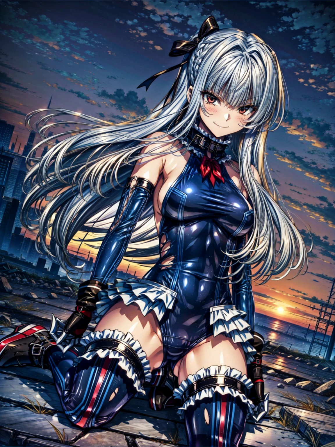 perfect anatomy, highest quality, marirose,evil smile,provocative attitude
,(Girls greet dawn on top of a pile of rubble:1.1),evil smile,anime style,(Torn frill swimsuit:1.5, Thighhighs, removed sleeve), (anime style:1.4) ,
silver hair,(White fingers:1.1,black gloves),very long hair,evil aura,Rape Eye,Torn costume:1.9,(hold a collar:1.5)