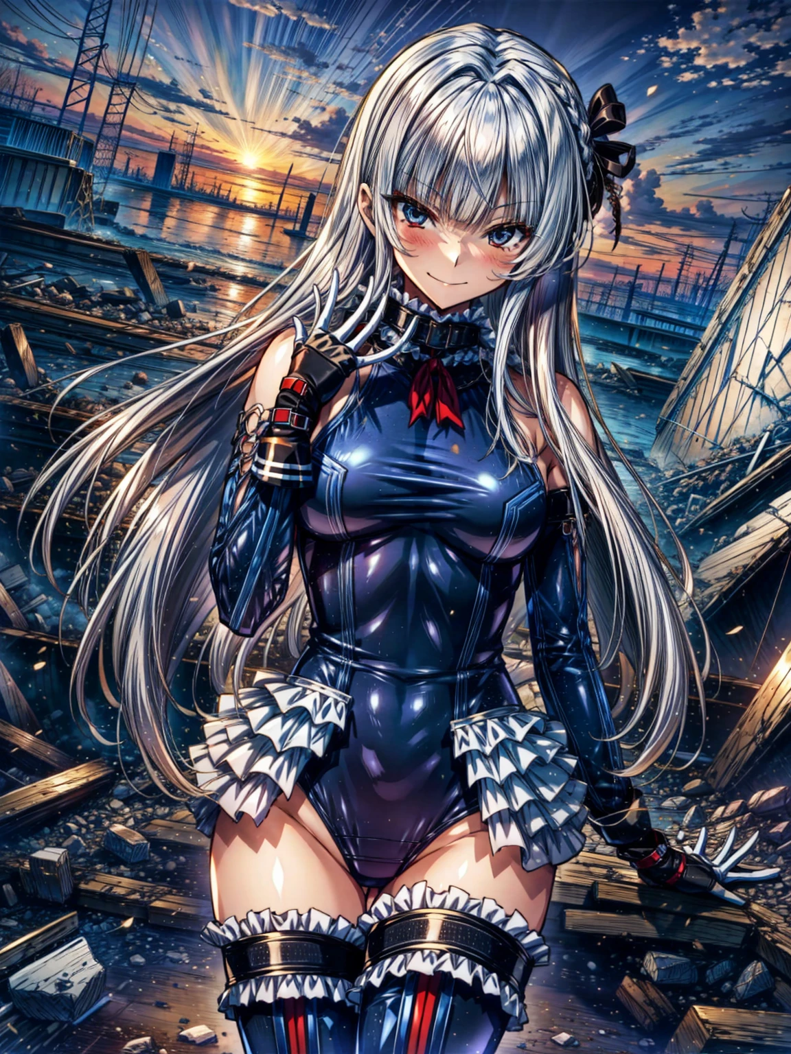 perfect anatomy, highest quality, marirose,evil smile,provocative attitude
,(Girls greet dawn on top of a pile of rubble:1.1),evil smile,anime style,(Torn frill swimsuit:1.5, Thighhighs, removed sleeve), (anime style:1.4) ,
silver hair,(White fingers:1.1,black gloves),very long hair,evil aura,Rape Eye,Torn costume:1.9,(hold a collar:1.5)