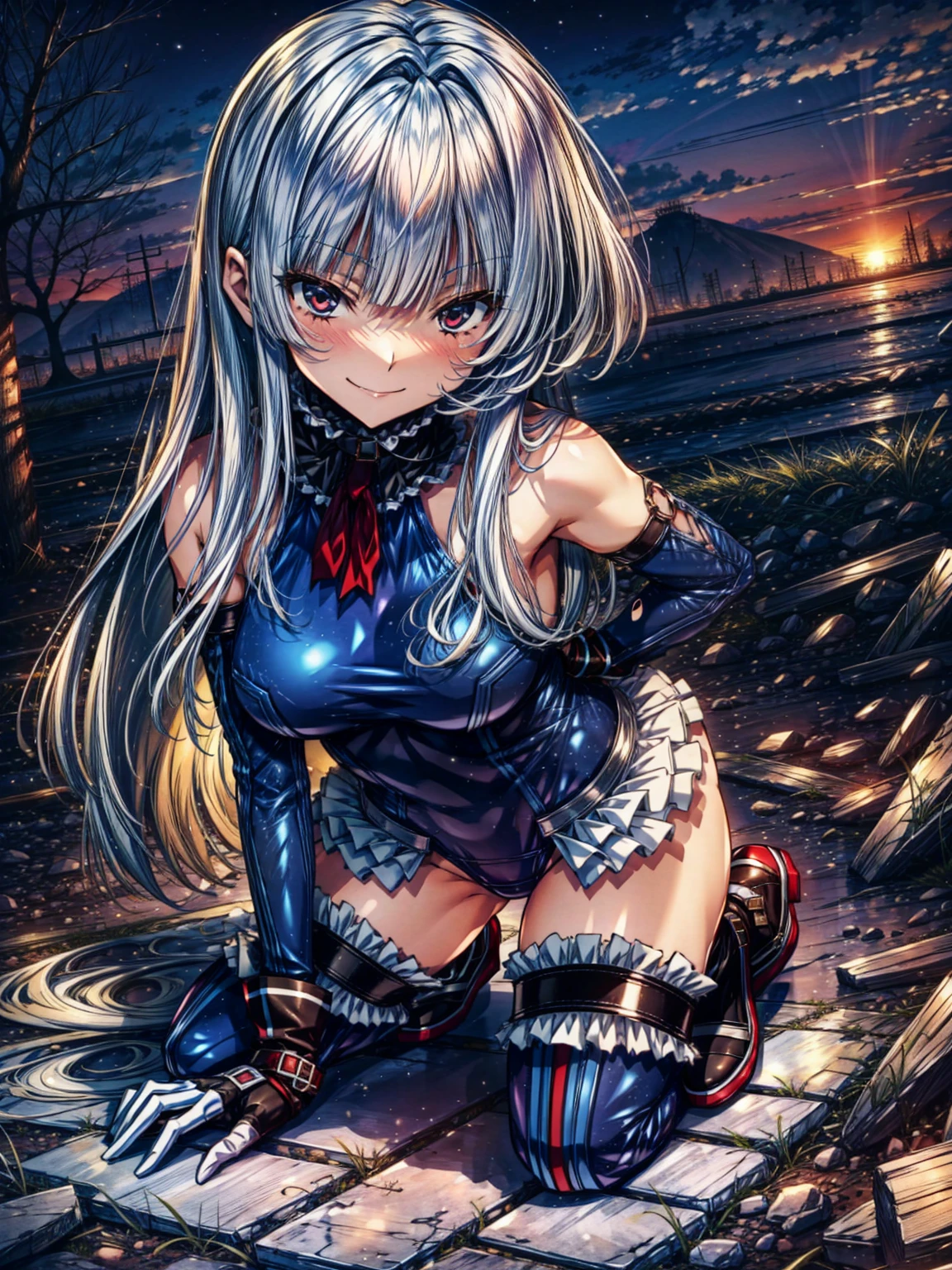 perfect anatomy, highest quality, marirose,evil smile,provocative attitude
,(Girls greet dawn on top of a pile of rubble:1.1),evil smile,anime style,(Torn frill swimsuit:1.5, Thighhighs, removed sleeve), (anime style:1.4) ,
silver hair,(White fingers:1.1,black gloves),very long hair,evil aura,Rape Eye,Torn costume:1.9,(hold a collar:1.5)