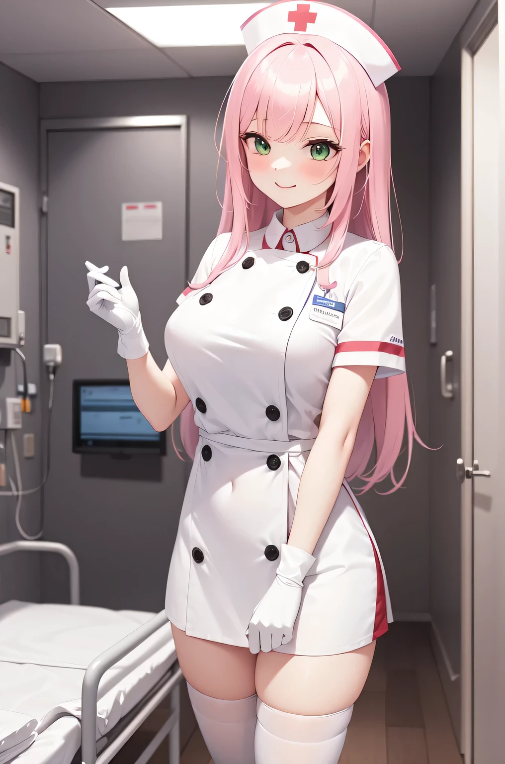 1girl, solo, nurse, white nurse cap, white nurse uniform, ((white legwear, zettai ryouiki)), white gloves, pink hair, green eyes, drooping eyes, smile, standing, ((hospital room)), sharp outline, short sleeves, best quality, masterpiece