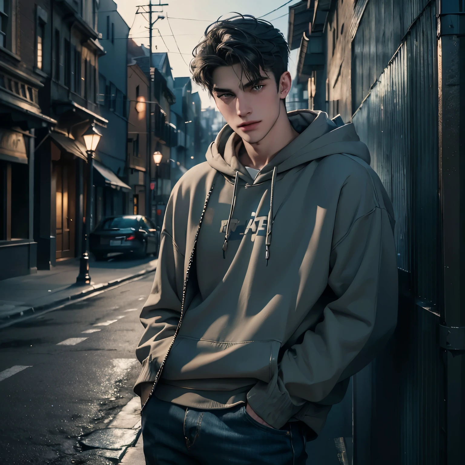 a handsome European male in early twenties looking at viewer with cynical smile , short grayish khaki hair, (((street snap))), wearing black hoodie and blue jeans with his hands in pockets, busy afternoon street, highly detailed, cinematic lighting, unreal engine, surrealistic, ultra quality, (((masterpiece))),