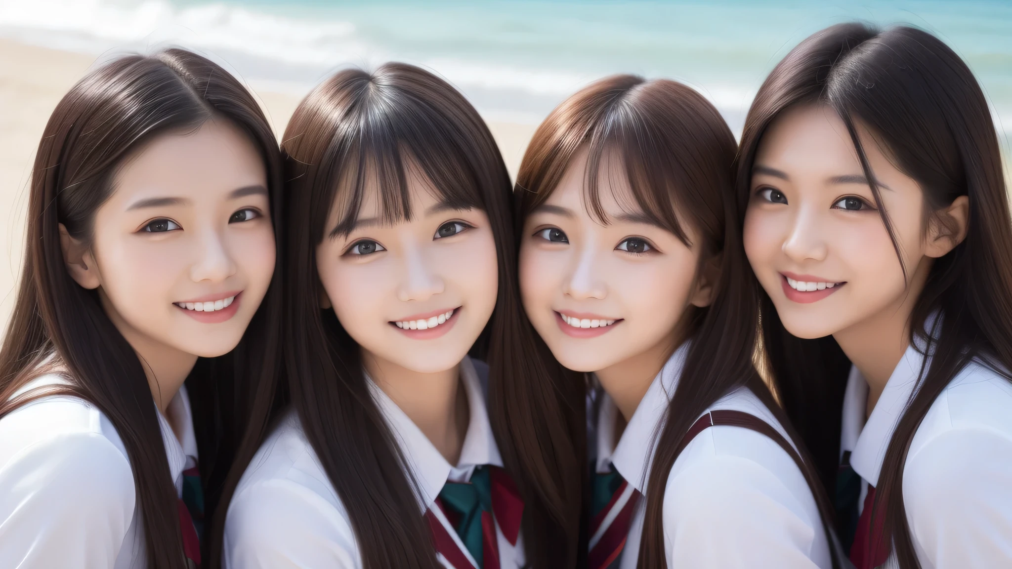 3girl, (big smile), beautiful face, Amazing face and eyes, delicate, (Best Quality:1.4), (Ultra-detailed), (extremely detailed beautiful face), (princess hair cut style), cute smile, brown eyes, (highly detailed Beautiful face), (high school uniform:1.2), (extremely detailed CG unified 8k wallpaper), Highly detailed, High-definition raw color photos, Professional Photography, Realistic portrait, evening, Extremely high resolution, smiling, modern, trendy, fashionable, Group photo of high school girls, face close-up, (beach)