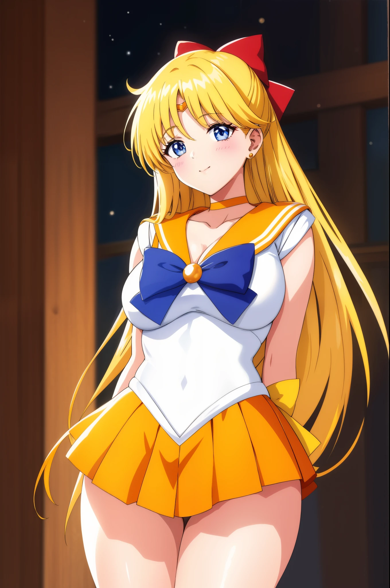 highest quality anime art、masterpiece、high definition anime art、4Kアニメアートstyle、High resolution、sailor warrior uniform、anime aunt、mature woman、annual increase、mature woman、woman in her 40ILF、Minako Aino、Orange choker、golden choker、white gloves、long gloves、sailor venus、bow、skirt、solo、A woman with very long blonde hair、orange sailor collar、Gold sailor collar、purple bow tie、orange skirt、golden skirt、Magical girl、back_bow、blue eyed woman、red_bow、jewelry、A golden circlet on the forehead、earrings、red_hair_bow、white leotard、high leg leotard、white dresini skirt、pleated skirt、smile、half up hair、rating:safe、a woman is standing、ass_visible_through_thighs、cowboy shot、rating:questionable、Leo Chira、looking_at_viewer、woman with very large breasts、big breasts、cleavage、violet_bow_tie、black_background、blue_background、shiny、mini skirt、pleated skirt、yellow_back_bow、collarbone、bangs、bare shoulders、bare legs、(1990s\(style\):0.9)、