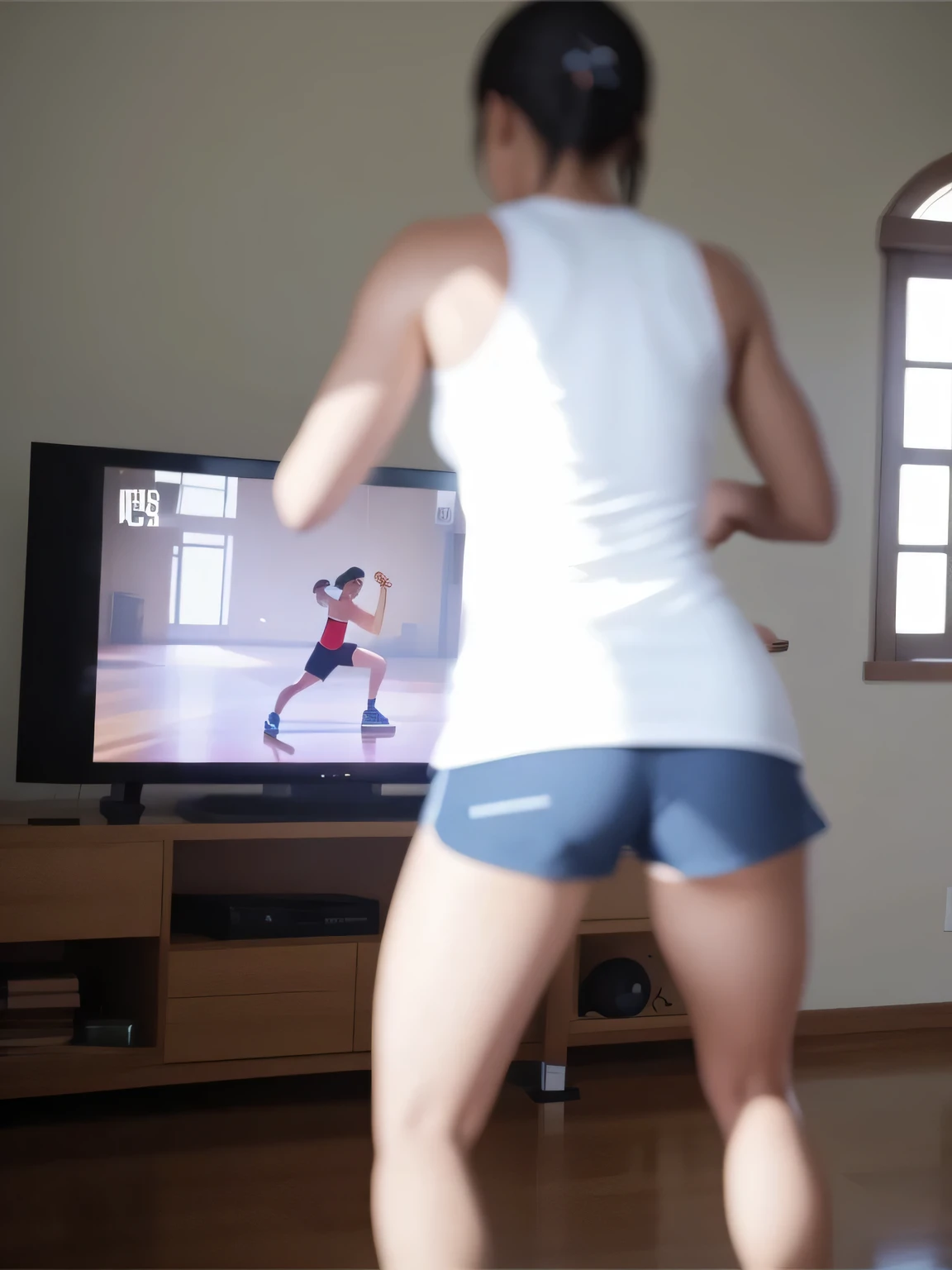 there is a woman in a short shorts playing a video game, dancing in the background, in shorts, lunging at camera :4, rear-shot, working out, toned derriere, back shot, back - shot, in shape, backshot, blurry footage, he is dancing, with his back turned, bottom shot, long shot from back