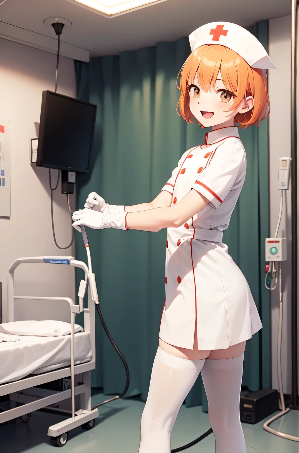 1 girl, alone, nurse, nurse cap, White nurse uniform, ((white legwear, zettai ryouiki)), white gloves, very short hair, orange hair, ((White surgical mask, Covered nose)), Are standing, ((hospital room)), sharp outline, short sleeve, Tomboy, boyish, highest quality, masterpiece