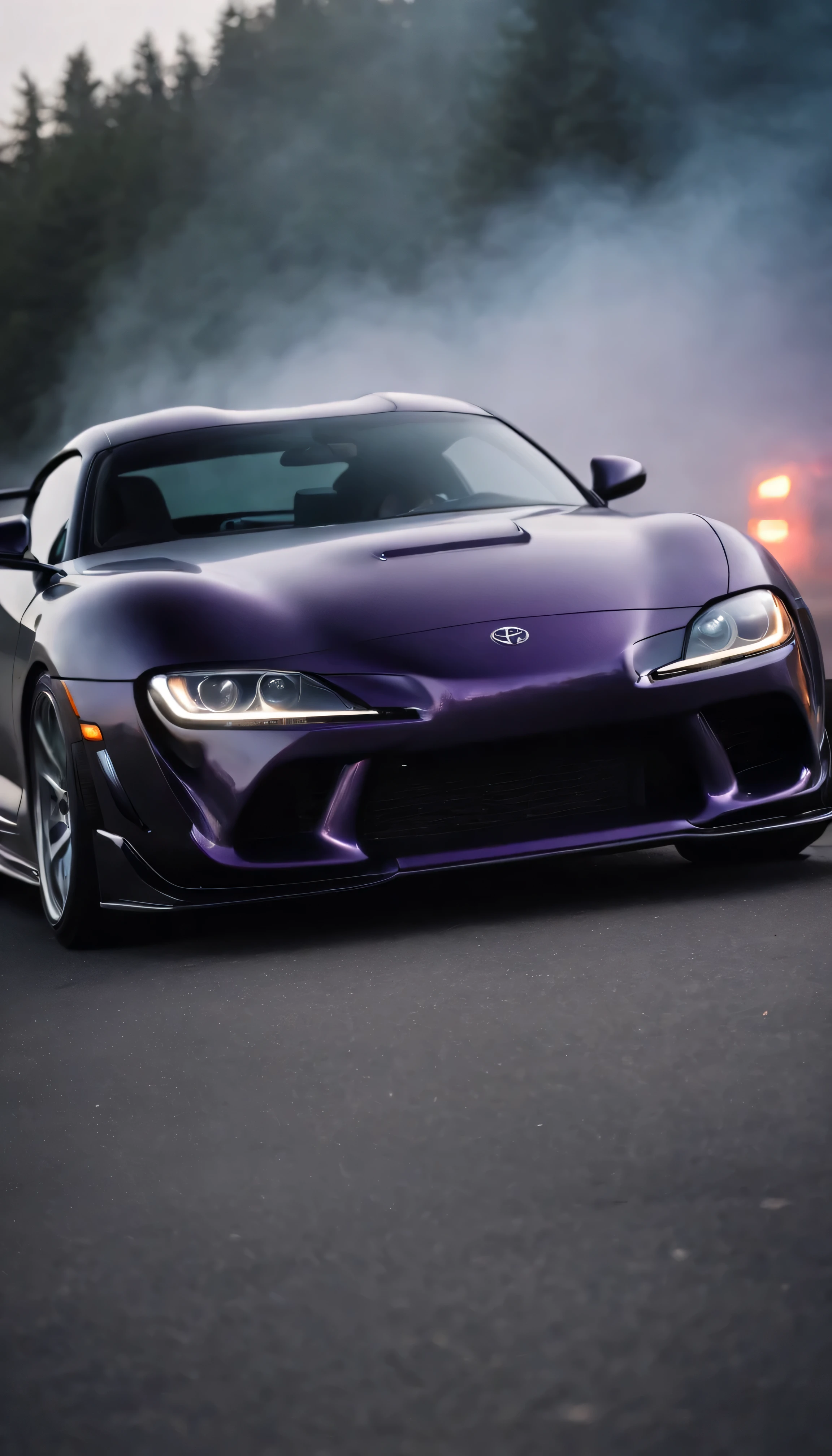 Toyota supra 1997 black, bodykit, drift in the asphalt, smoke in the reel, cinematic fog in the night, light purple, stopped exposure mode