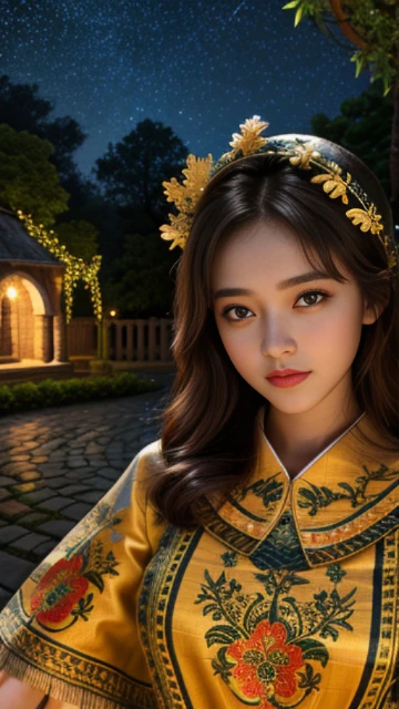 (8k, masterpiece, best quality), ultra-detailed, detailed beautiful round eyes, beautifully detailed face, high quality, high resolution, 1 girl, medium breast, (Devine cloth:1.5), nighttime, night garden background
