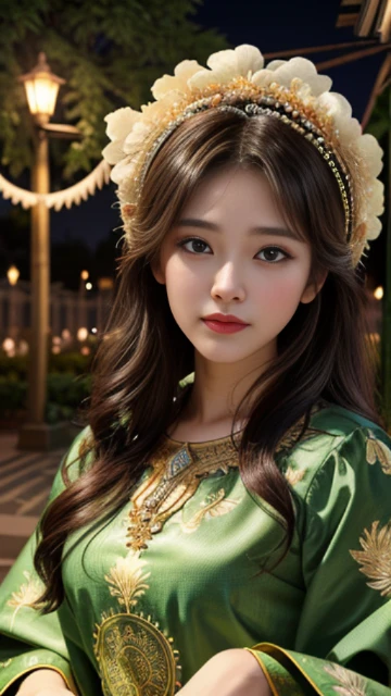 (8k, masterpiece, best quality), ultra-detailed, detailed beautiful round eyes, beautifully detailed face, high quality, high resolution, 1 girl, medium breast, (Devine cloth:1.5), nighttime, night garden background