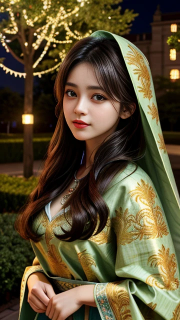(8k, masterpiece, best quality), ultra-detailed, detailed beautiful round eyes, beautifully detailed face, high quality, high resolution, 1 girl, medium breast, (Devine cloth:1.5), nighttime, night garden background