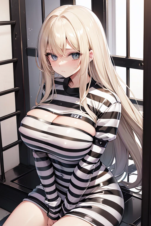 Mugshot, looking at viewer, behind bars, ???????????, prisoner, striped Prison jumpsuit, black & white stripes, stripes white & black, jail cell, locked up, blonde hair, long hair, dominated, prisoned, jailed, 
