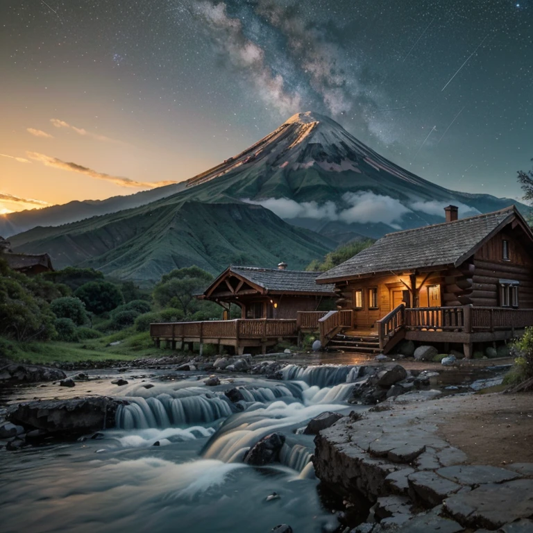 Wooden cabin on a mountain,a volcano in the background and a river and waterfalls,un amanecer con estrellas y algunas nubes,un portal de piedras y mucha naturaleza