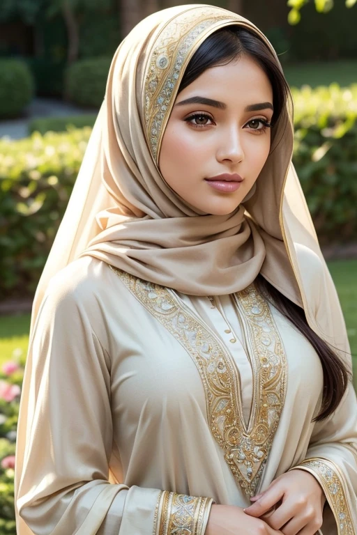(best quality,ultra-detailed,realistic:1.37),vivid colors,soft lighting,hijab,student uniform,beautiful detailed face,expressive eyes,plump lips,long black hair,feminine smile,radiant skin,curvy figure,enchanting pose,confident stance,grand garden background,flowers blooming,green grass,tall trees,subtle breeze,serene ambiance,delicate hijab patterns,subtle fabric texture,golden jewelry accents,natural makeup,modest yet stylish,gentle sunlight,subtle shadows,peaceful atmosphere,ethereal beauty,feminine grace,dreamlike quality.