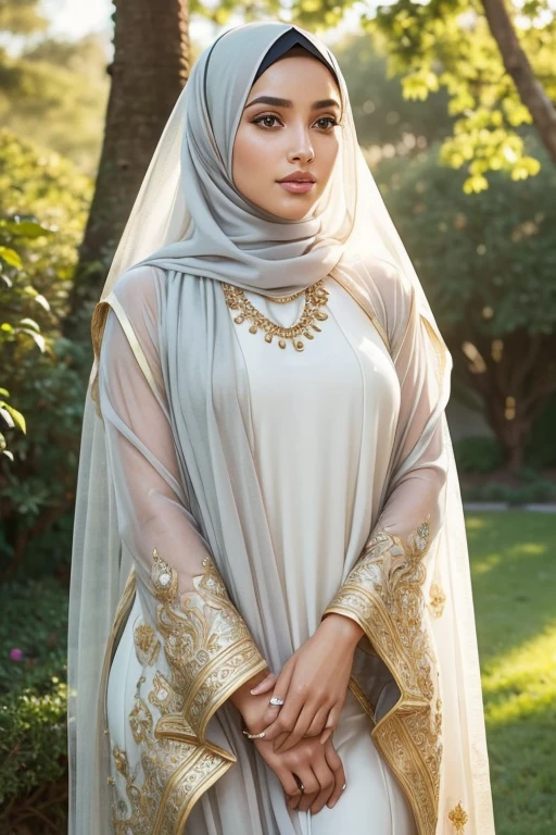 (best quality,ultra-detailed,realistic:1.37),vivid colors,soft lighting,hijab,student uniform,beautiful detailed face,expressive eyes,plump lips,long black hair,feminine smile,radiant skin,curvy figure,enchanting pose,confident stance,grand garden background,flowers blooming,green grass,tall trees,subtle breeze,serene ambiance,delicate hijab patterns,subtle fabric texture,golden jewelry accents,natural makeup,modest yet stylish,gentle sunlight,subtle shadows,peaceful atmosphere,ethereal beauty,feminine grace,dreamlike quality.