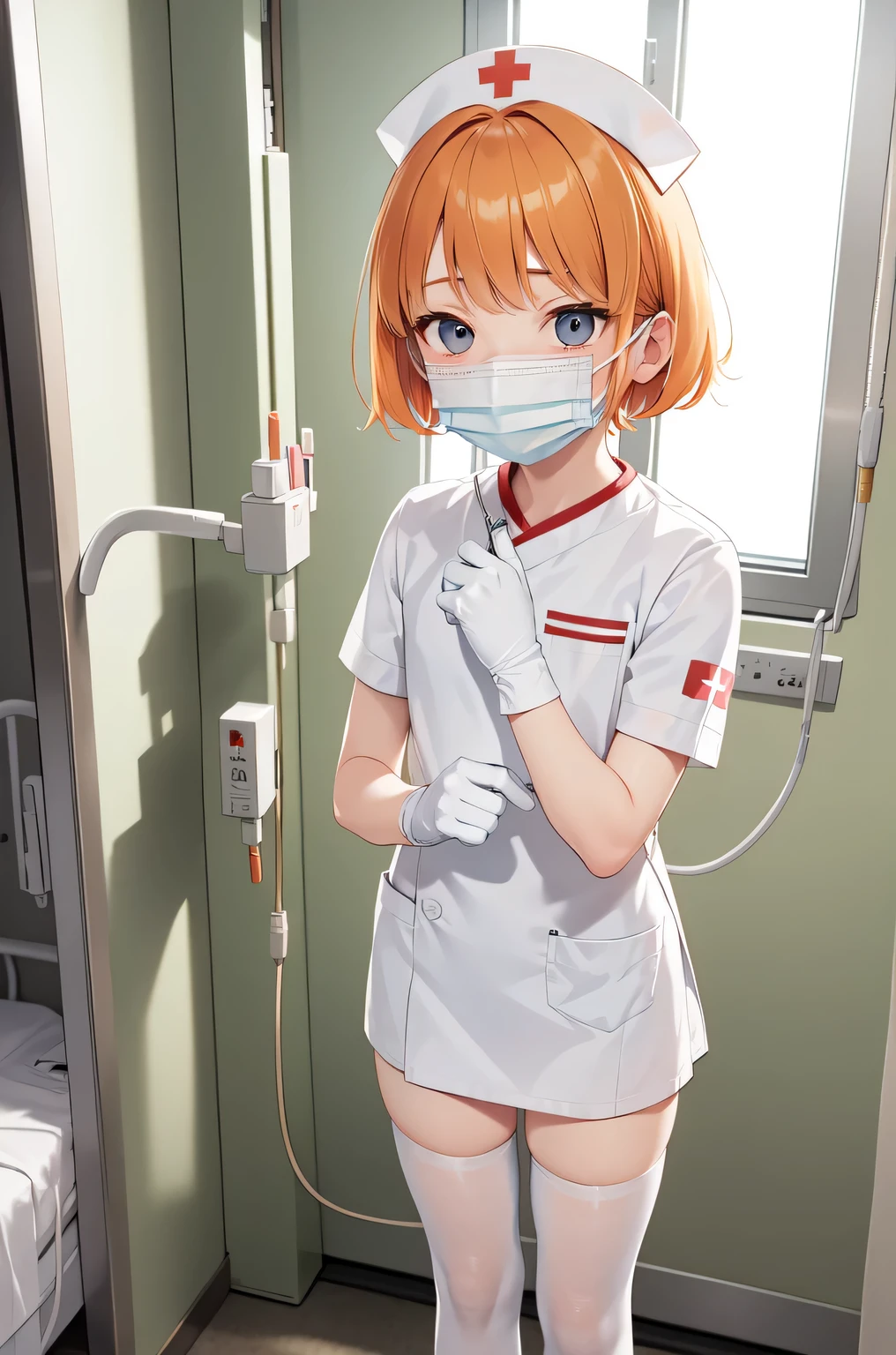 1boy, solo, male focus, nurse, white nurse cap, white nurse uniform, ((white legwear, zettai ryouiki)), white gloves, short hair, orange hair, ((white surgical mask, covered nose)), standing, ((hospital room)), sharp outline, short sleeves, shota, 12 years old, best quality, masterpiece