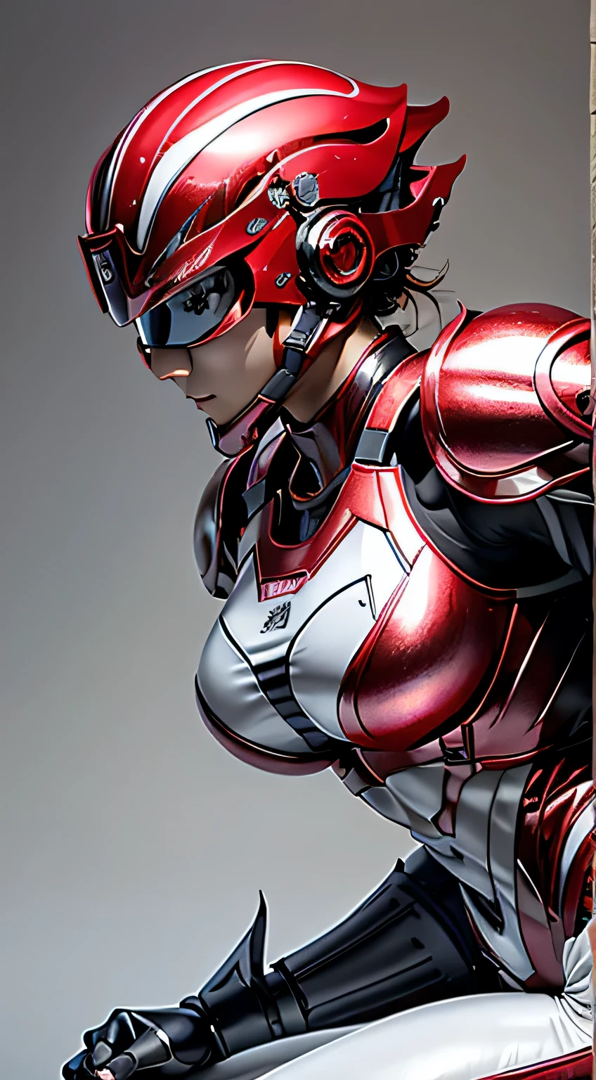 female robocop solo、bright outdoors、strong light source、8K, high quality, masterpiece, 最high quality、very detailed、Armor that completely covers the whole body、very large armor、Helmet covering the head、clear pictures、Eyes hidden by thin straight goggles:1.3、The lower half of the face is raw:1.5、The lower half of the face is exposed、luscious lips、Clear red and white metallic armor、Armor that completely covers the chest、thin and long legs、Vibrant posel body view,big and full breasts:1.5, (sports body:1.5)、five fingers、photos around town