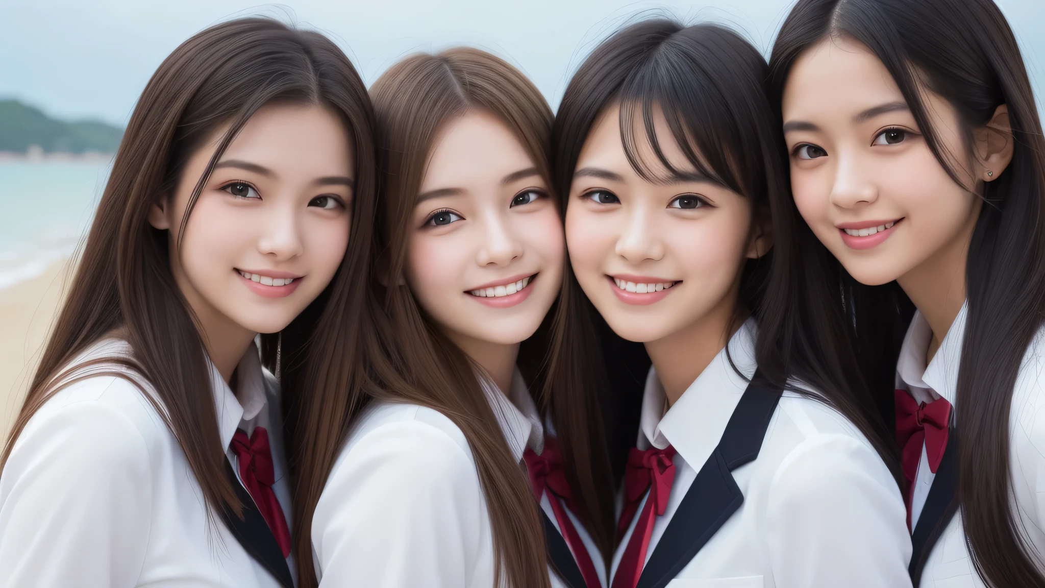 3girl, (big smile), beautiful face, Amazing face and eyes, delicate, (Best Quality:1.4), (Ultra-detailed), (extremely detailed beautiful face), (princess hair cut style), cute smile, brown eyes, (highly detailed Beautiful face), (high school uniform:1.2), (extremely detailed CG unified 8k wallpaper), Highly detailed, High-definition raw color photos, Professional Photography, Realistic portrait, evening, Extremely high resolution, smiling, modern, trendy, fashionable, Group photo of high school girls, face close-up, (beach)