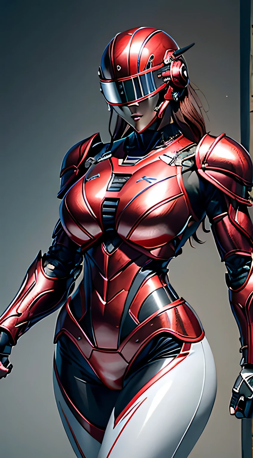 female robocop solo、bright outdoors、strong light source、8K, high quality, masterpiece, 最high quality、very detailed、Armor that completely covers the whole body、very large armor、Helmet covering the head、clear pictures、Eyes hidden by thin straight goggles:1.3、The lower half of the face is raw:1.5、The lower half of the face is exposed、luscious lips、Clear red and white metallic armor、Armor that completely covers the chest、thin and long legs、Vibrant posel body view,big and full breasts:1.5, (sports body:1.5)、five fingers、photos around town