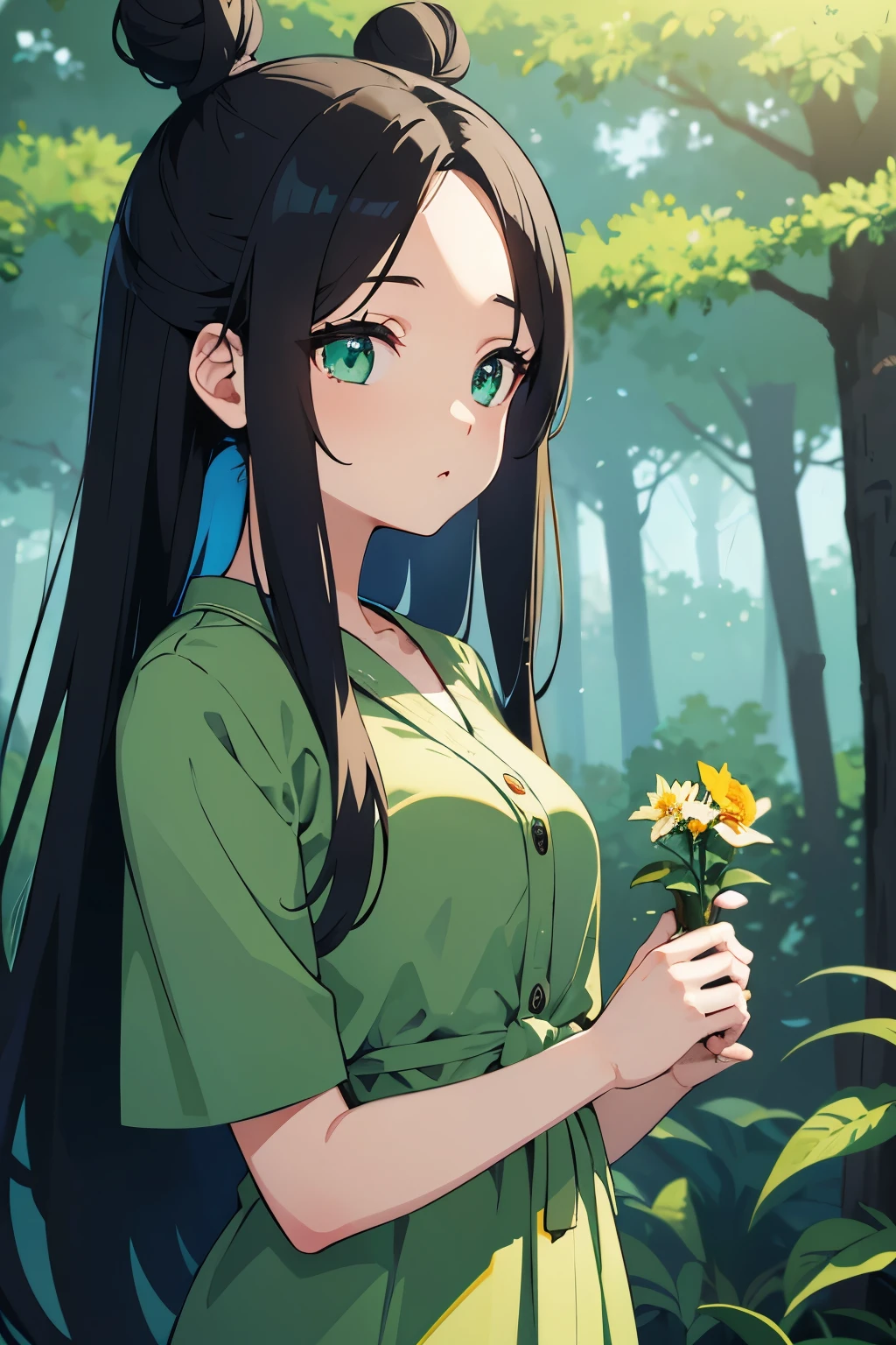 super beautiful , anime illustration、Nature、in the forest、blue sky、sunny、cinematic angle、 ((two bun hair)) long hair in two buns、forehead is exposed.、black hair、green eyes、