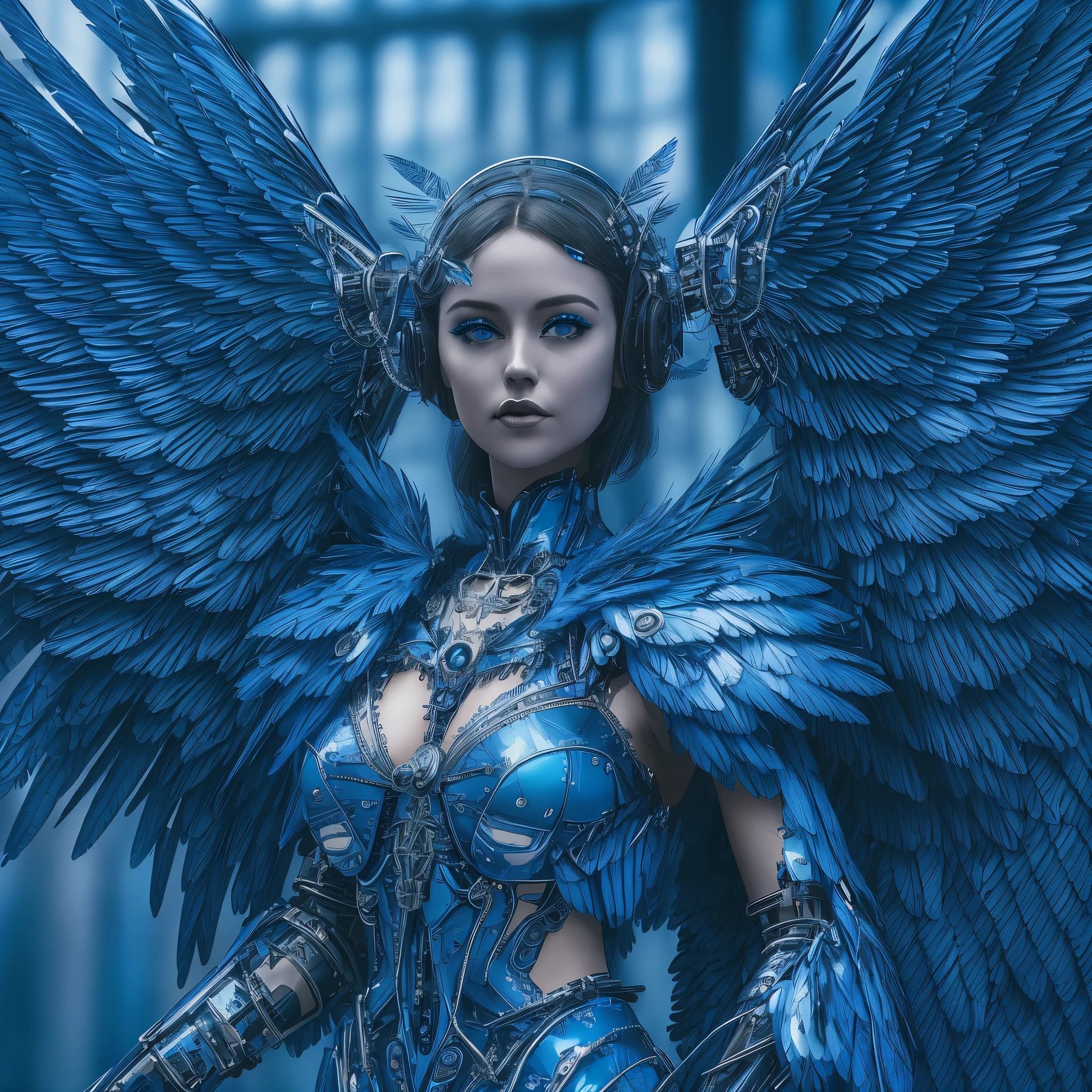 Close-up of a woman in a blue dress with wings, full body angel, futuristic robot angel, amazing angel wings, angel knight gothic girl, angel in plastic armor, intricate costume designs, As a mysterious Valkyrie, The whole body is made of blue feathers,, futuristic and fantastic, Blue wings, beautiful angel wings, steampunk angel, beautiful cyborg angel girl, graceful wings