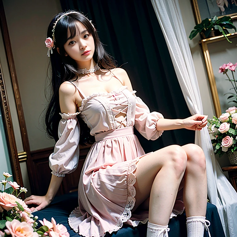 best quality, masterpiece, lifelike, 1 girl, alone, eternal, black hair, Long curly hair, blunt bangs, Smile, pink skirt, pink ta dress, layered skirt, Lolityle long skirt,Layered dress lace-trimmed skirt, decorate, lace, long sleeve, puff sleeves, wide sleeves, Transparent sleeves, hair accessories, in the flower garden, flower, Detailed background, delicate face,pink blush,white knee socks, Pink shoes,cold,Lots of lace,((masterpiece))、(top quality)、8K、high detail、super detailed、 21 years old female,wearing pink lolita d((dreamy atmosphere:1.1))、Seductive and whimsical style、masterpiece、born、Scenes resembling fairy tale illustrations、intricate details show the ruffles and intricate designs of the lolita gown、icious、 beautifully、Dream aesthetics、「𝓡𝓸𝓶𝓪𝓷𝓽𝓲𝓬、ethereal、charming、fickle、magic」、realism、Visual effect、FXAA、SSAO、shader、voiceless、ambient lighting、Tone mapping、High resolution、ultra high definition、megapixel、(8K resolution:1.10)、8K、8K resolution、high detail、intricate details、 (high quality:1.2、masterpiece:1.2、:1.21)、(21 years old female:1.21)、(Smile excitedly)、(Surrounded by the dreamy atmosphere of an amusement par color lolita dress、Hers were full of surprise and joy、I took a lot of geek photos、High heel、Model diagram,full-body shot,Knee-high white的 lace socks,Sweet Lolita,Normal 2 feetk shoes,Baotou shoes,full-body shot,don't expose your fingers,Emphasize the volume of the skirt,exposed,huge breasts,The skirt flew up,Low-cut nudity,hair accessories,big skirt dress,If you shoot from a certain angle you can see my panties,The skirt floated up