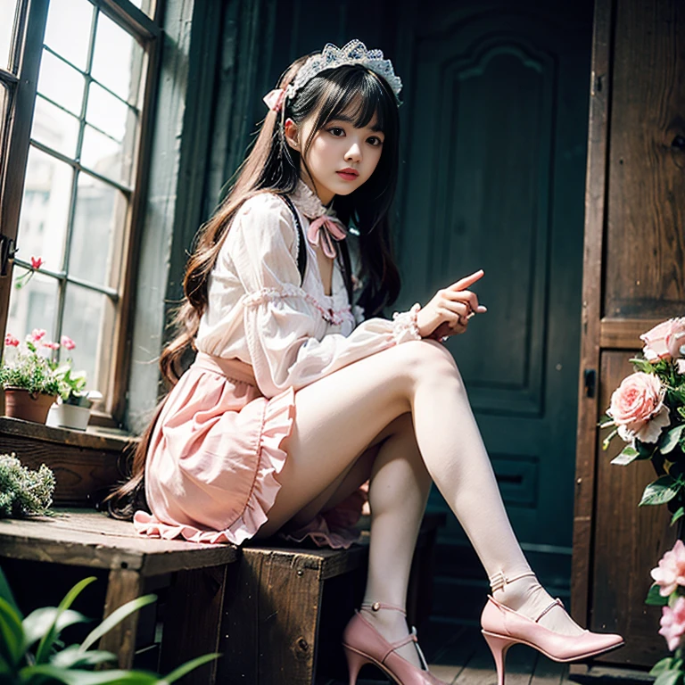 (Artwork, best quality: 1.2), 1 girl, Alone,front view,walking down a long staircase, covered in rose petals,walkwoman, towards a starry sky.