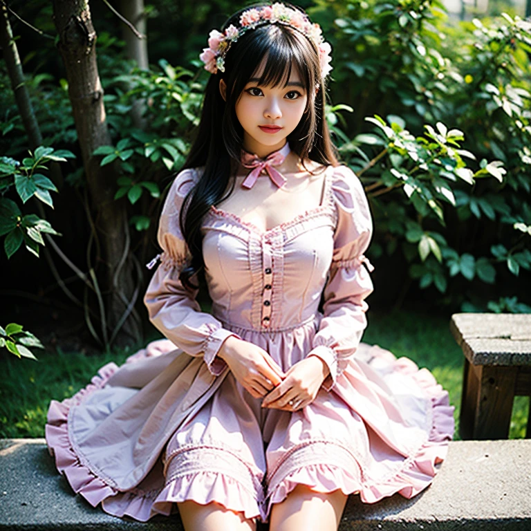 best quality, masterpiece, lifelike, 1 girl, alone, eternal, black hair, Long curly hair, blunt bangs, Smile, pink skirt, pink lolita dress, layered skirt, Lolita style long skirt,Layered dress lace-trimmed skirt, decorate, lace, long sleeve, puff sleeves, wide sleeves, Transparent sleeves, hair accessories, in the flower garden, flower, Detailed background, delicate face,pink blush,white knee socks, Pink shoes,cold,Lots of lace,((masterpiece))、(top quality)、8K、high detail、super detailed、 21 years old female,wearing pink lolita dress((dreamy atmosphere:1.1))、Seductive and whimsical style、masterpiece、born、Scenes resembling fairy tale illustrations、intricate details show the ruffles and intricate designs of the lolita gown、capricious、 beautifully、Dream aesthetics、「𝓡𝓸𝓶𝓪𝓷𝓽𝓲𝓬、ethereal、charming、fickle、magic」、realism、Visual effect、FXAA、SSAO、shader、voiceless、ambient lighting、Tone mapping、High resolution、ultra high definition、megapixel、(8K resolution:1.10)、8K、8K resolution、high detail、intricate details、 (high quality:1.2、masterpiece:1.2、:1.21)、(21 years old female:1.21)、(Smile excitedly)、(Surrounded by the dreamy atmosphere of an amusement par color lolita dress、Her eyes were full of surprise and joy、I took a lot of geek photos、High heel、Model diagram,full-body shot,Knee-high white的 lace socks,Sweet Lolita,Normal 2 feet,Pink shoes,Baotou shoes,full-body shot,don't expose your fingers,Emphasize the volume of the skirt,exposed,huge breasts,The skirt flew up,Low-cut nudity,hair accessories,big skirt dress,If you shoot from a certain angle you can see my panties,The skirt floated up