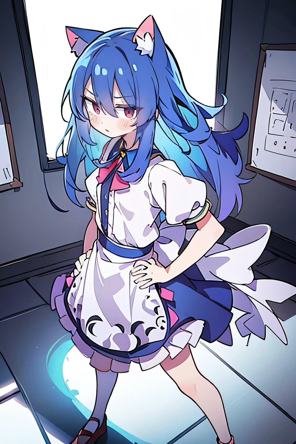 (masterpiece),best quality, expressive eyes, perfect face, 1girl,
 Put your hands on your waist,fair, Gorgeous,Japanese cartoons,girl,lola,Hina Angel, blue hair, blue haired, floating clothes,Grab your waist, Grab your waist, hands on hips , hands on hips,sit, sit on ground, Legs on the ground, flat chest,cat ears,