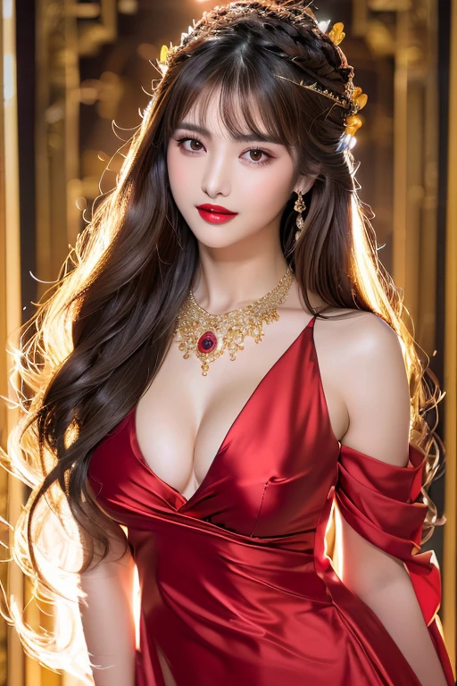 (highest quality、Full body photo 1.2、8K、best image quality、Award-winning work)、(one young girl, :1.3)、(Luxury dresses:1.2)、(red eyeshadow:1.2)、perfect makeup、long eyelashes、Super high-definition sparkling eyes、ultra high definition hair、ultra high resolution glossy lips、Super high resolution perfect teeth、Super high resolution cute face、brown hair、(((very long straight hair:1.2))、look at me and smile、[clavicle]、accurate anatomy、Luxury love hotel、(The most moody warm lighting:1.2)、blurred background、With bangs、Super high-resolution glossy and moisturized face、Super high resolution glowing skin、most detailed face、Ultra high resolution detailed faces、ultra high resolution hair、Super high resolution sparkling eyes、Beautiful face drawn in every detail、Super high resolution glossy red lips、big breasts、cleavage、Fashionable necklaces、(((Full body photo 1.2)))、Hair fluttering in the wind 1.2、Professional Lighting 1.3