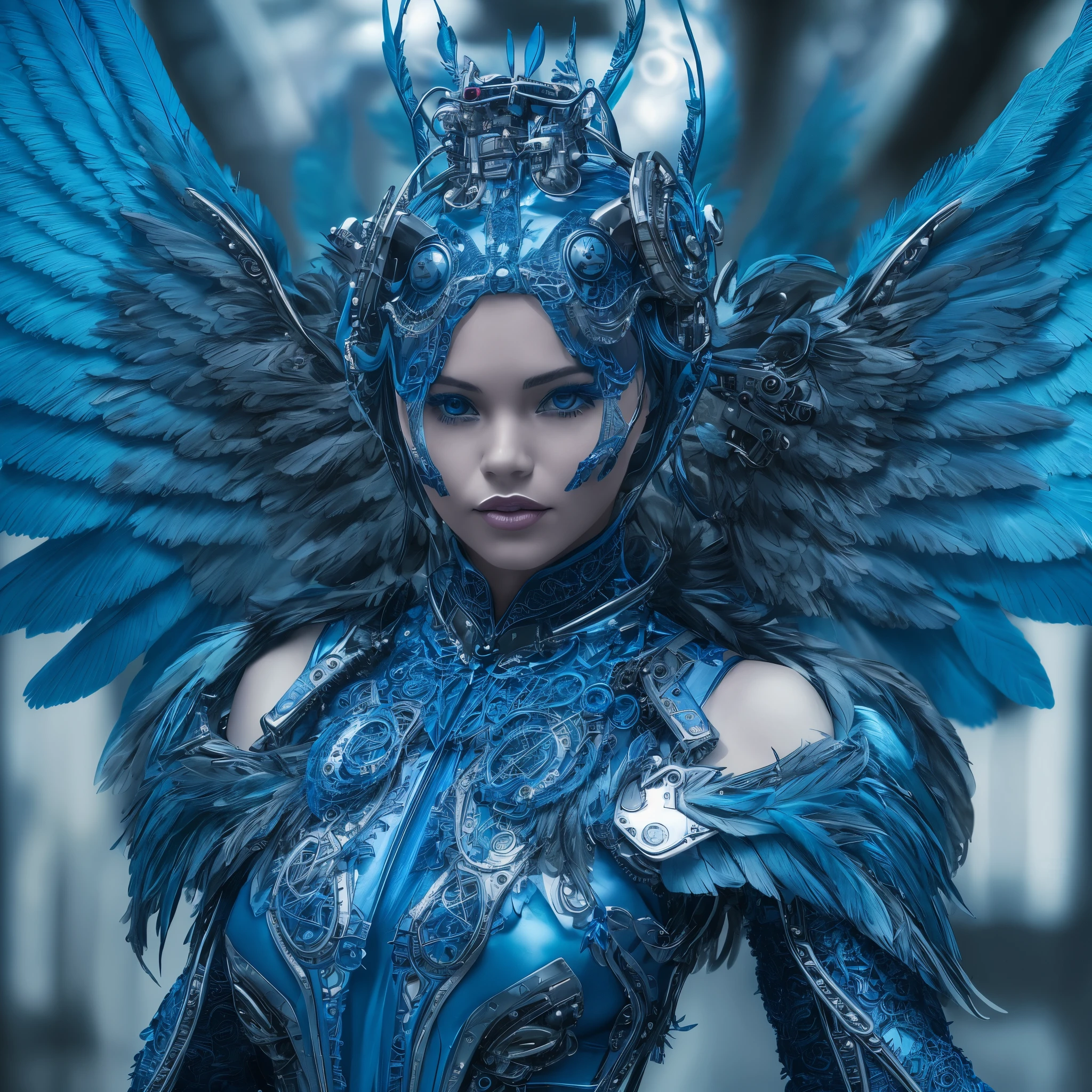 Close-up of a woman in a blue dress with wings, full body angel, futuristic robot angel, amazing angel wings, angel knight gothic girl, angel in plastic armor, intricate costume designs, As a mysterious Valkyrie, The whole body is made of blue feathers,, futuristic and fantastic, Blue wings, beautiful angel wings, steampunk angel, beautiful cyborg angel girl, graceful wings