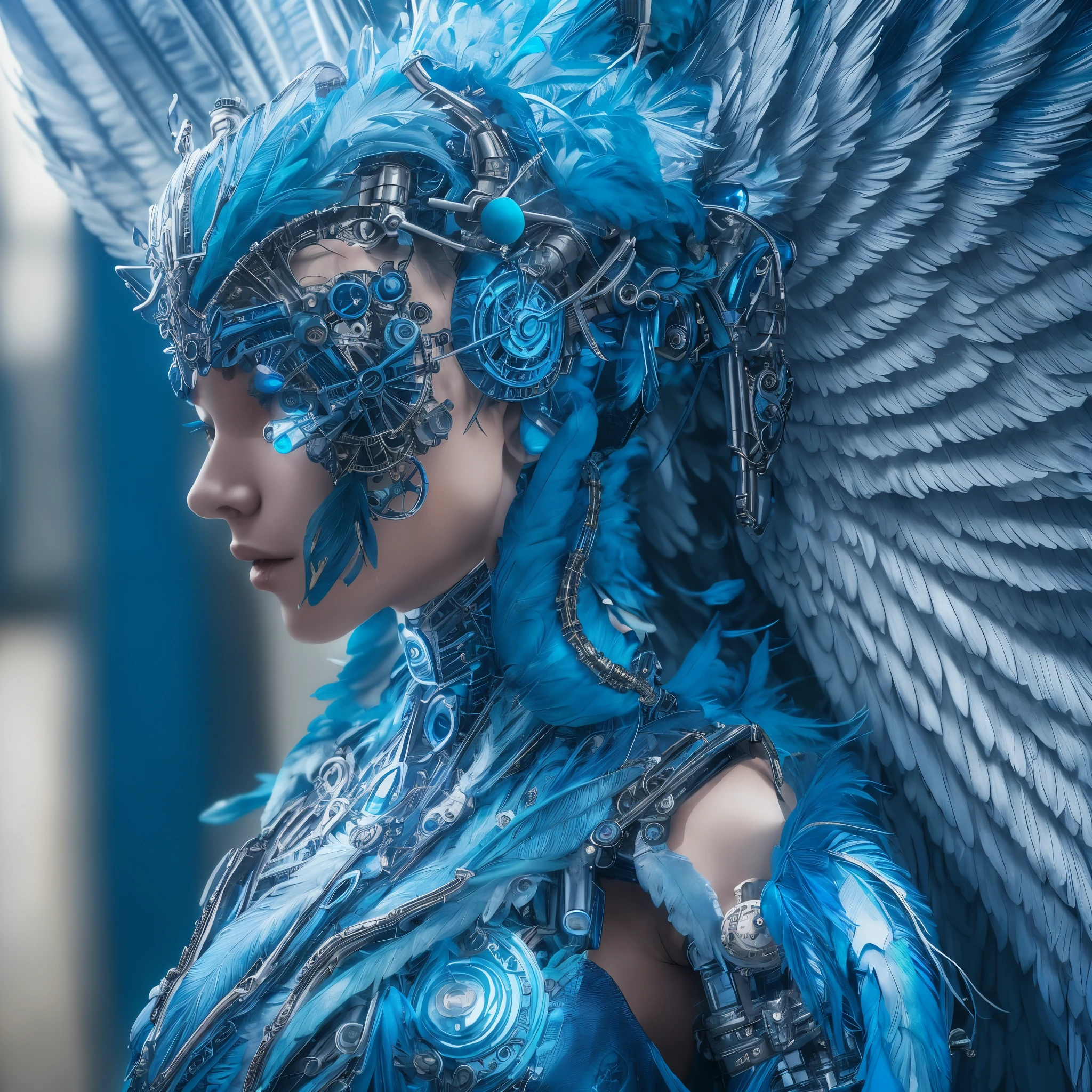 Close-up of a woman in a blue dress with wings, full body angel, futuristic robot angel, amazing angel wings, angel knight gothic girl, angel in plastic armor, intricate costume designs, As a mysterious Valkyrie, The whole body is made of blue feathers,, futuristic and fantastic, Blue wings, beautiful angel wings, steampunk angel, beautiful cyborg angel girl, graceful wings