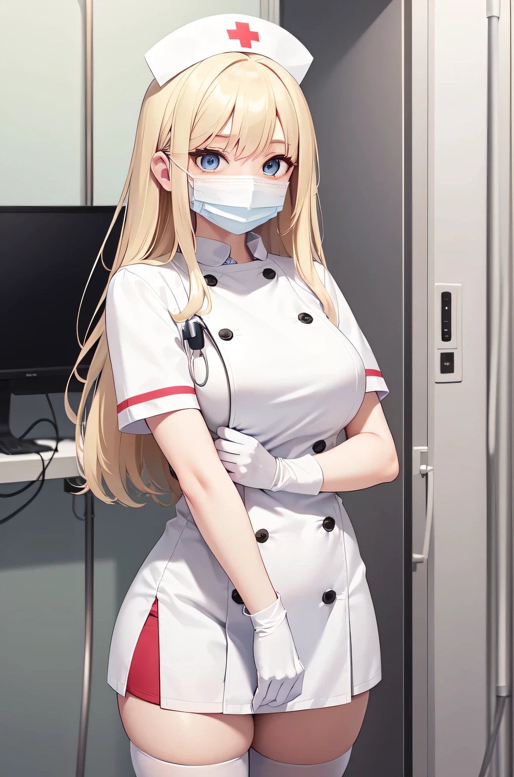 1woman, solo, nurse, white nurse cap, white nurse uniform, ((white legwear, zettai ryouiki)), white gloves, blonde hair, blue eyes, ((white surgical mask, covered nose)), standing, ((hospital room)), sharp outline, short sleeves, mature female, 35 years old, best quality, masterpiece