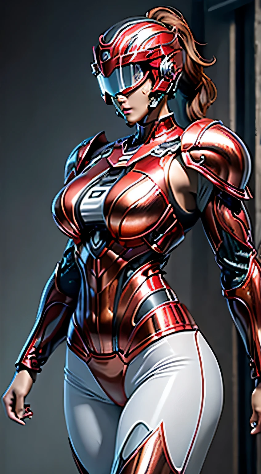 female robocop solo、bright outdoors、strong light source、8K, high quality, masterpiece, 最high quality、very detailed、Armor that completely covers the whole body、very large armor、Helmet covering the head、clear pictures、Eyes hidden by thin straight goggles:1.3、The lower half of the face is raw:1.5、The lower half of the face is exposed、luscious lips、Clear red and white metallic armor、Armor that completely covers the chest、thin and long legs、Vibrant posel body view,big and full breasts:1.5, (sports body:1.5)、five fingers、photos around town