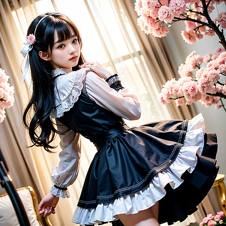 best quality, masterpiece, lifelike, 1 girl, alone, eternal, black hair, Long curly hair, blunt bangs, Smile, pink skirt, pink lolita dress, layered skirt, Lolita style long skirt,Layered dress lace-trimmed skirt, decorate, lace, long sleeve, ???? sleeves, wide sleeves, Transparent sleeves, hair accessories, in the flower garden, flower, Detailed background,  delicate face，pink blush，white knee socks, Pink shoes，cold，Lots of lace，((​masterpiece))、(top quality)、8K、high detail、super detailed、 21 years old female，wearing pink lolita dress((dreamy atmosphere:1.1))、Seductive and whimsical style、​masterpiece、born、Scenes resembling fairy tale illustrations、intricate details show the ruffles and intricate designs of the lolita gown、capricious、 beautifully、Dream aesthetics、「𝓡𝓸𝓶𝓪𝓷𝓽𝓲𝓬、ethereal、charming、fickle、magic」、realism、Visual effect、FXAA、SSAO、shader、voiceless、ambient lighting、Tone mapping、High resolution、ultra high definition、megapixel、(8K resolution:1.10)、8K、8K resolution、high detail、intricate details、 (high quality:1.2、​masterpiece:1.2、:1.21)、(21 years old female:1.21)、(Smile excitedly)、(Surrounded by the dreamy atmosphere of an amusement par color lolita dress、Her eyes were full of surprise and joy、I took a lot of geek photos、High heel、Model diagram，full-body shot，Knee-high white的 lace socks,Sweet Lolita，Normal 2 feet，Pink shoes，Baotou shoes，full-body shot，don't expose your fingers，Emphasize the volume of the skirt，exposed，huge breasts，The skirt flew up，Low-cut nudity，hair accessories，big skirt dress，If you shoot from a certain angle you can see my panties，The skirt floated up
