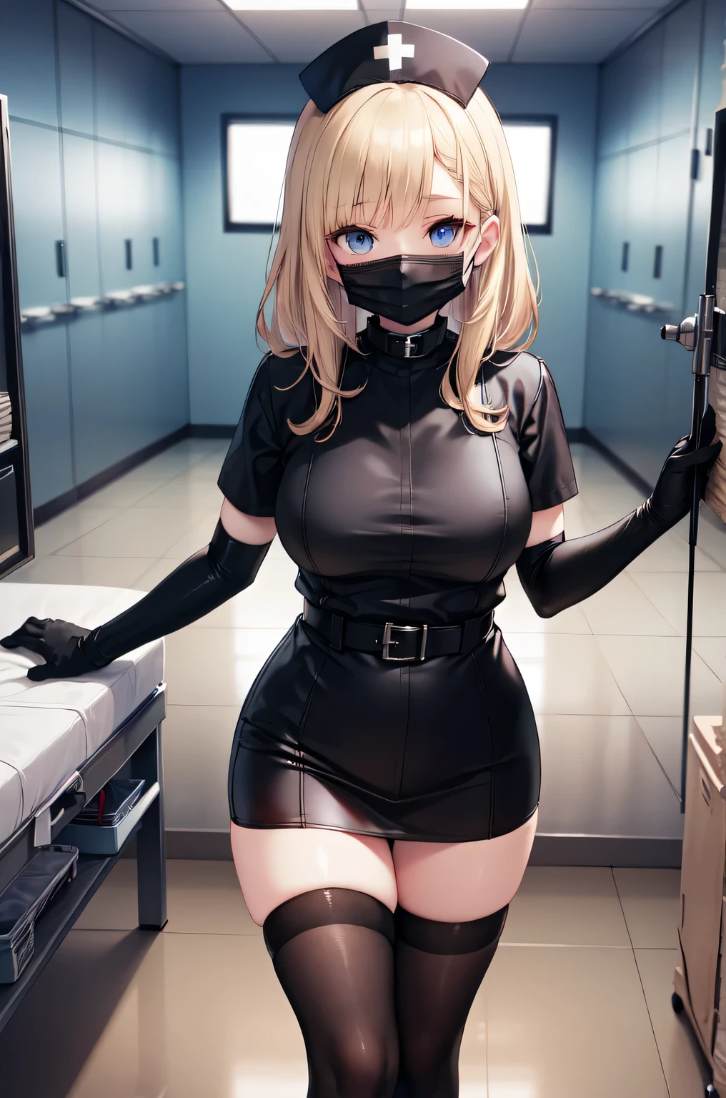 black nurse, 1woman, solo, black nurse cap, black nurse uniform, ((black legwear, zettai ryouiki)), black elbow gloves, blonde hair, blue eyes, ((black surgical mask, covered nose)), standing, ((surgery room)), sharp outline, short sleeves, mature female, 35 years old, best quality, masterpiece