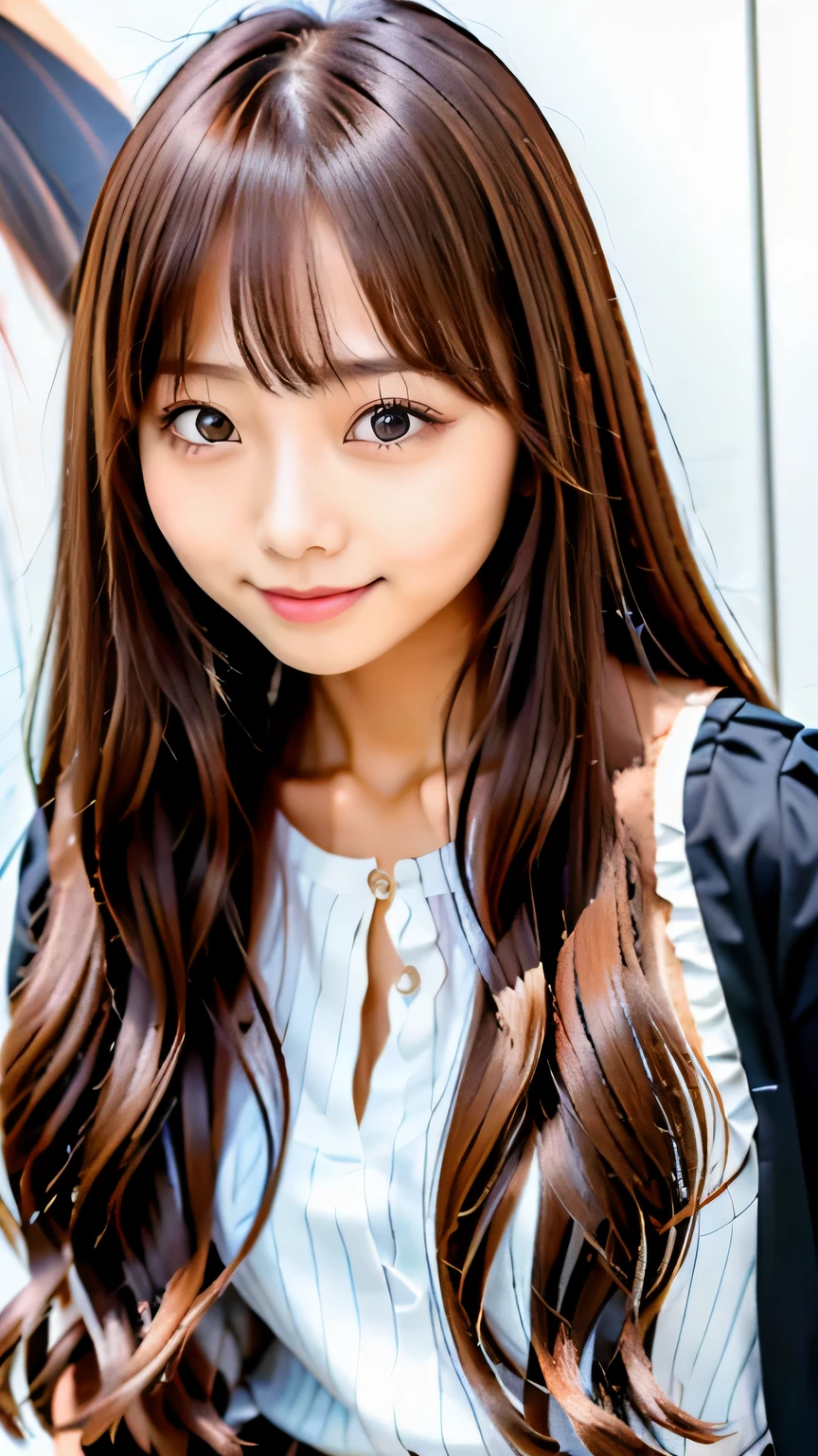 Close-up of a long brown haired woman in a black dress, with brown fringe, brown haired, brown long hair with bangs, brown hair and bangs, brown bangs, Brown color, princess cut, Long hair with plenty of bangs, brown hair with bangs, with long hair, long hair with bangs, neat hair with bangs, brown long hair, high resolution, High quality photos, look at viewer, long straight black hair