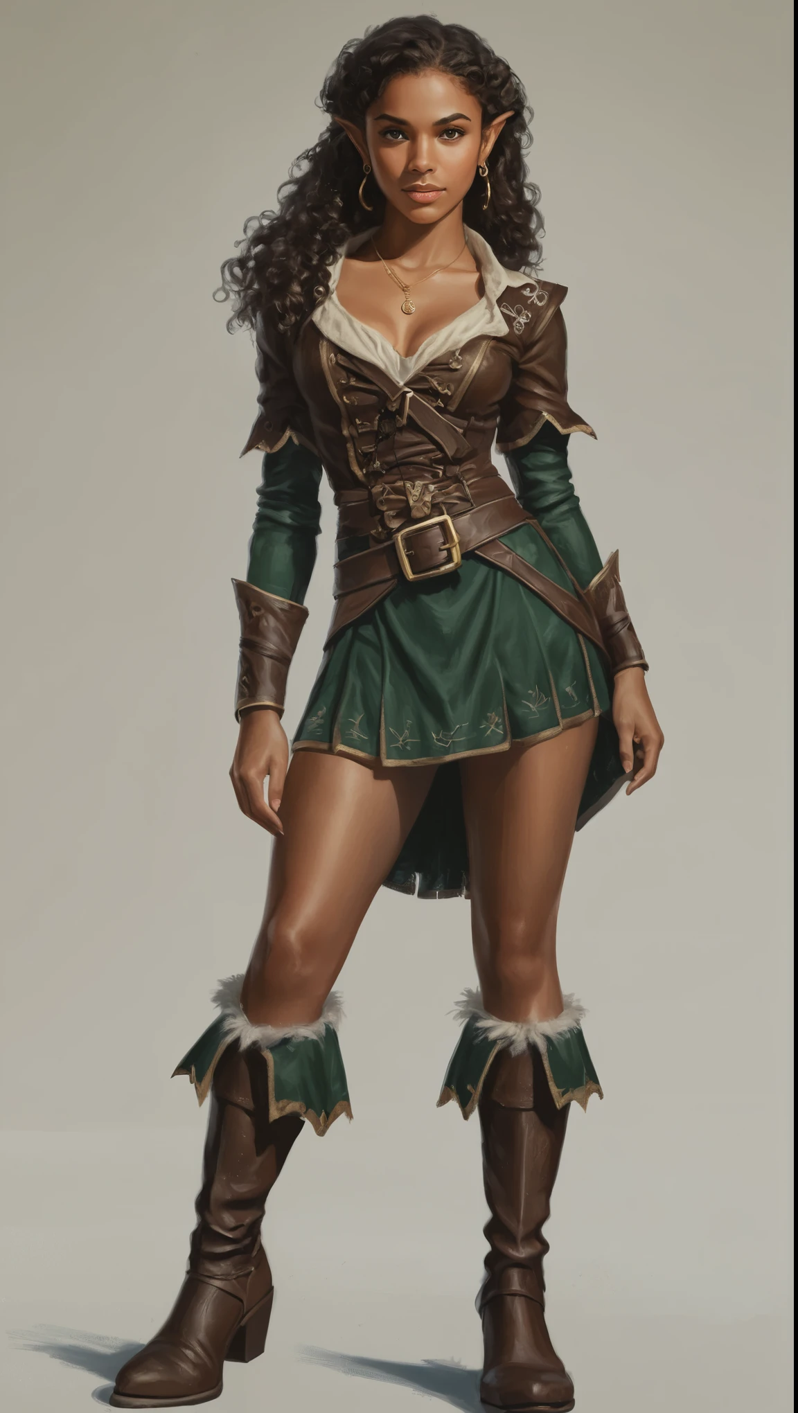 An illustrated movie poster, hand-drawn, full color, a teenage elven girl, wearing a pirate blouse and knee-high boots, resembles Brookliyn Wren, brown complexion, very tall, athletic body, hourglass figure, curvy, toned midriff, bottom-heavy, generous hips, massive bubble-butt, long legs, ridiculously thick powerful thighs, golden brown eyes, long pointy elf ears, dark hair, long coily curls, posing on a pedestal, wet glistening skin, hard shadows, graphite shading, stencil marks, airbrushed acrylic paint, masterpiece, in the style of Skyrim 