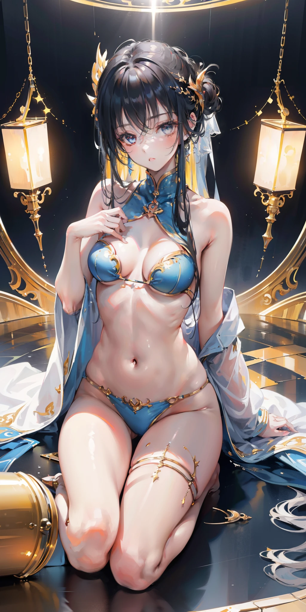 (masterpiece, best quality: 1.3), (16K, High resolution: 1.3), Beautiful girl, Mechanical body, clean skin, Light, 有Light发Light, Very cute and beautiful female idol, open navel,Bare thighs,Full body female love, staring at the audience, 目Light坚定而凝重,