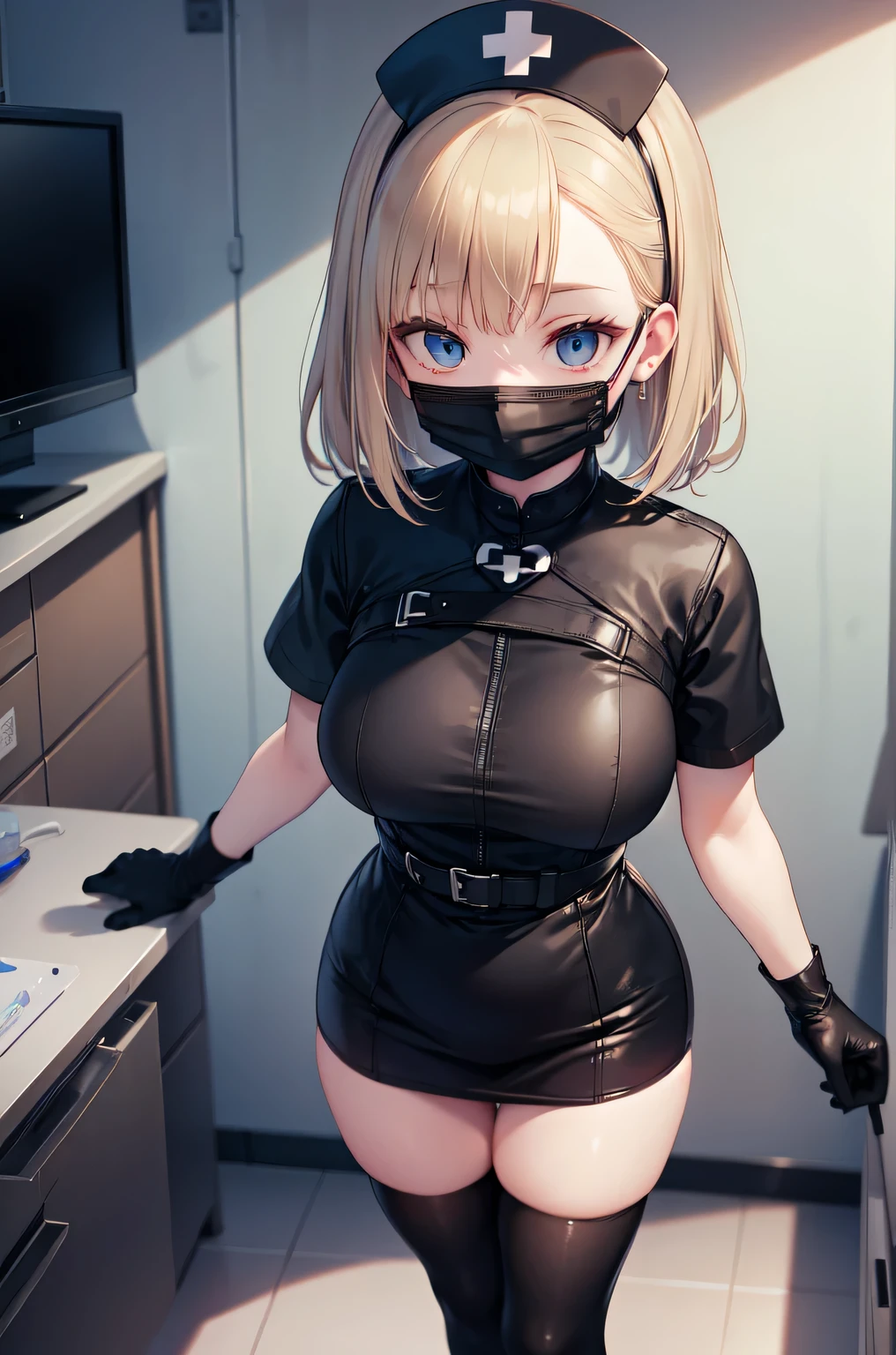 black nurse, 1woman, solo, black nurse cap, black nurse uniform, ((black legwear, zettai ryouiki)), black elbow gloves, blonde hair, blue eyes, ((black surgical mask, covered nose)), standing, ((surgery room)), sharp outline, short sleeves, mature female, 35 years old, best quality, masterpiece