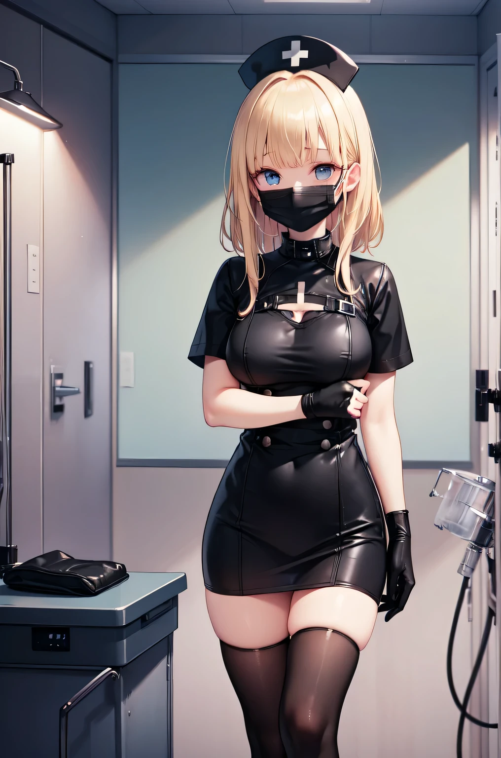 black nurse, 1woman, solo, black nurse cap, black nurse uniform, ((black legwear, zettai ryouiki)), black elbow gloves, blonde hair, blue eyes, ((black surgical mask, covered nose)), standing, ((surgery room)), sharp outline, short sleeves, mature female, 35 years old, best quality, masterpiece