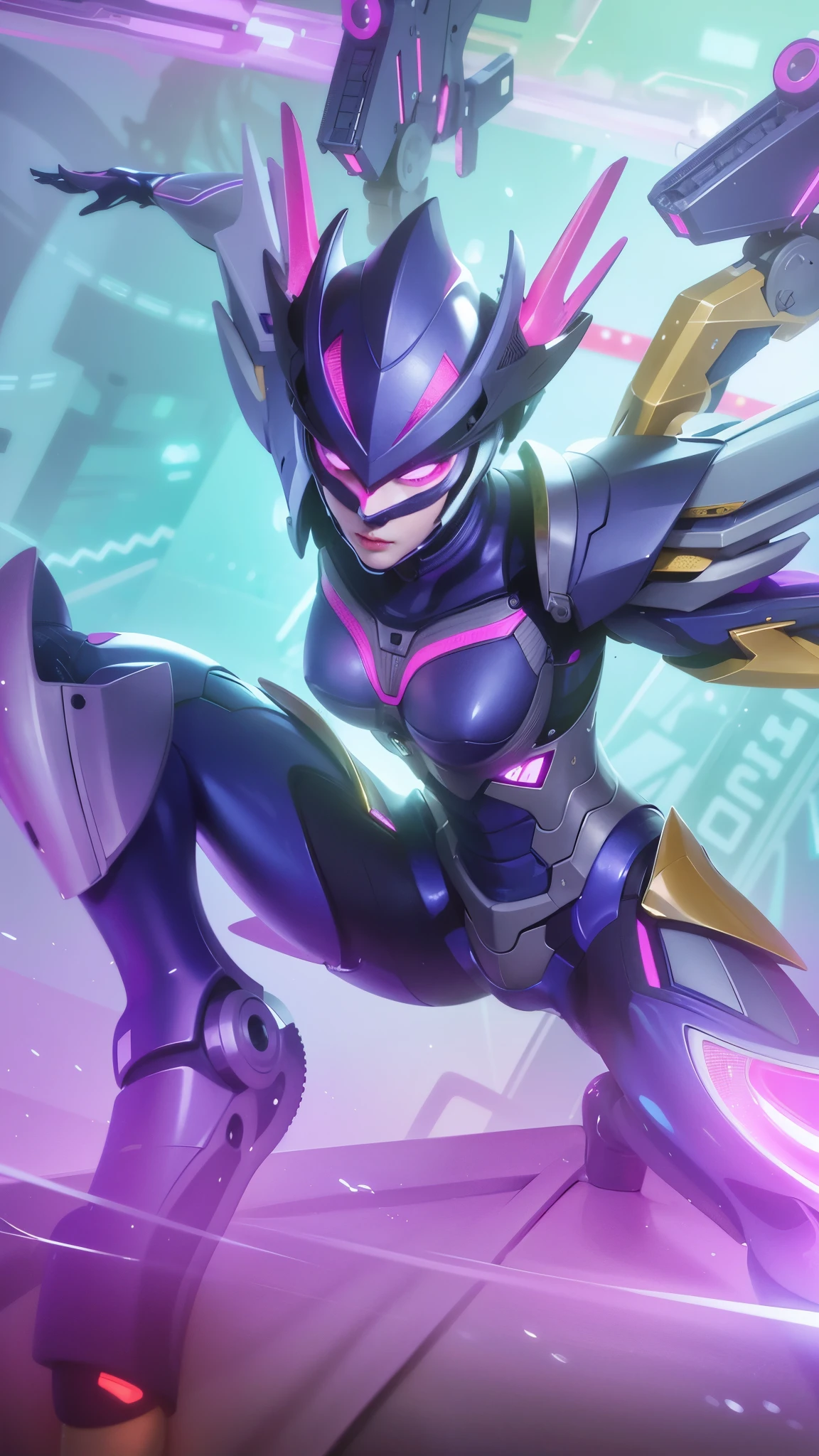 a close up woman of a robot with a purple and yellow costume, 8k, ultra hd, ultra detailed texture, hyper realistic, masterpiece, detailed texture, detailed face, detailed skin, detailed lighting, (photorealistic:1.5), best quality, beautiful lighting, cinematic lighting, professional lighting, ultra highres, realistic, detailed hair, real hair, high quality, (realskin:1.5), extremely detailed, finely detail, ultra-detailed.