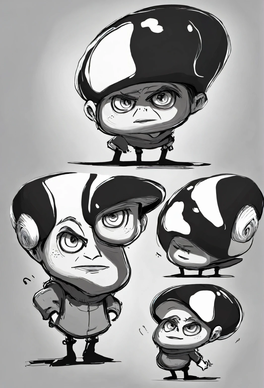 Character sketches，character illustration，Exaggerated portrait caricature，Q version characters， Mushroom head，Philtrum length，More whites of eyes，The look should be fierce but a little timid，In addition to pressing the eyebrows, the pupils are also reduced.，Draw the mouth a little off-center and with more force.，Looks tight.，male