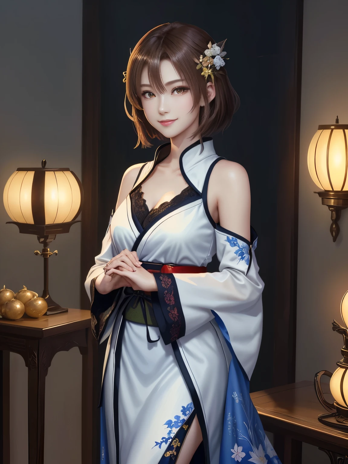 masterpiece , best quality,smile,smile,small face,shoulder exposure,golden kimono,A little cleavage exposure,light brown hair,beautifully curled hair,slender body shape,brown eyes,Contrast faithfully reproduced,short hair,Beautiful short hair,Berry Short,short cut hair,just one person,precision quality,A faithful reproduction of the human eye,水色のMysterious雰囲気,水色のMysterious背景,beautiful details, colorful, delicate details, delicate lips, intricate details, genuine, ultrargenuineista, 枝に座っている色とりどりの髪のFoxを持つ女の子:Mature, bright eyes, ,色とりどりのFox, raposa de nine tails, 三尾Fox, 三尾Fox, onmyoji detail art, beautiful fine art illustration, mythical creatures, Fox, beautiful digital art,shrine maiden,hold hands,exquisite digital illustration, mizutsune, Inspired by mythical wild web creatures, pixiv in digital art, shining light, high contrast, Mysterious,