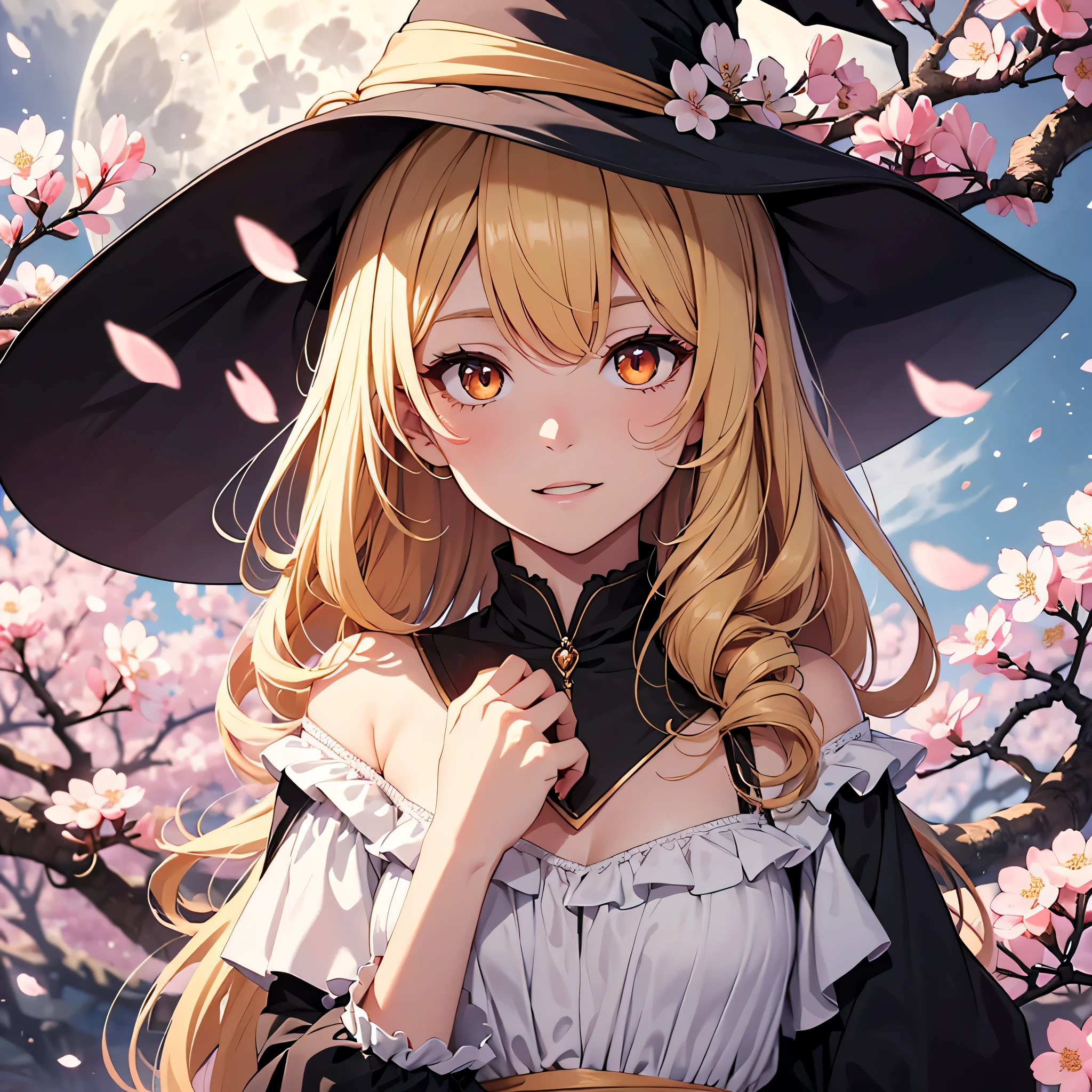 Illustration of Marisa Kirisame, small details, 4k,beautiful girl, white woman, Cherry Blossom, full moon,highest quality, orange eyes, dress,long hair,masterpiece,intricate details, Beautiful and dense face, , looking at the viewer, open your mouth,dull bangs, Happy, Are standing,blonde hair,witch,
