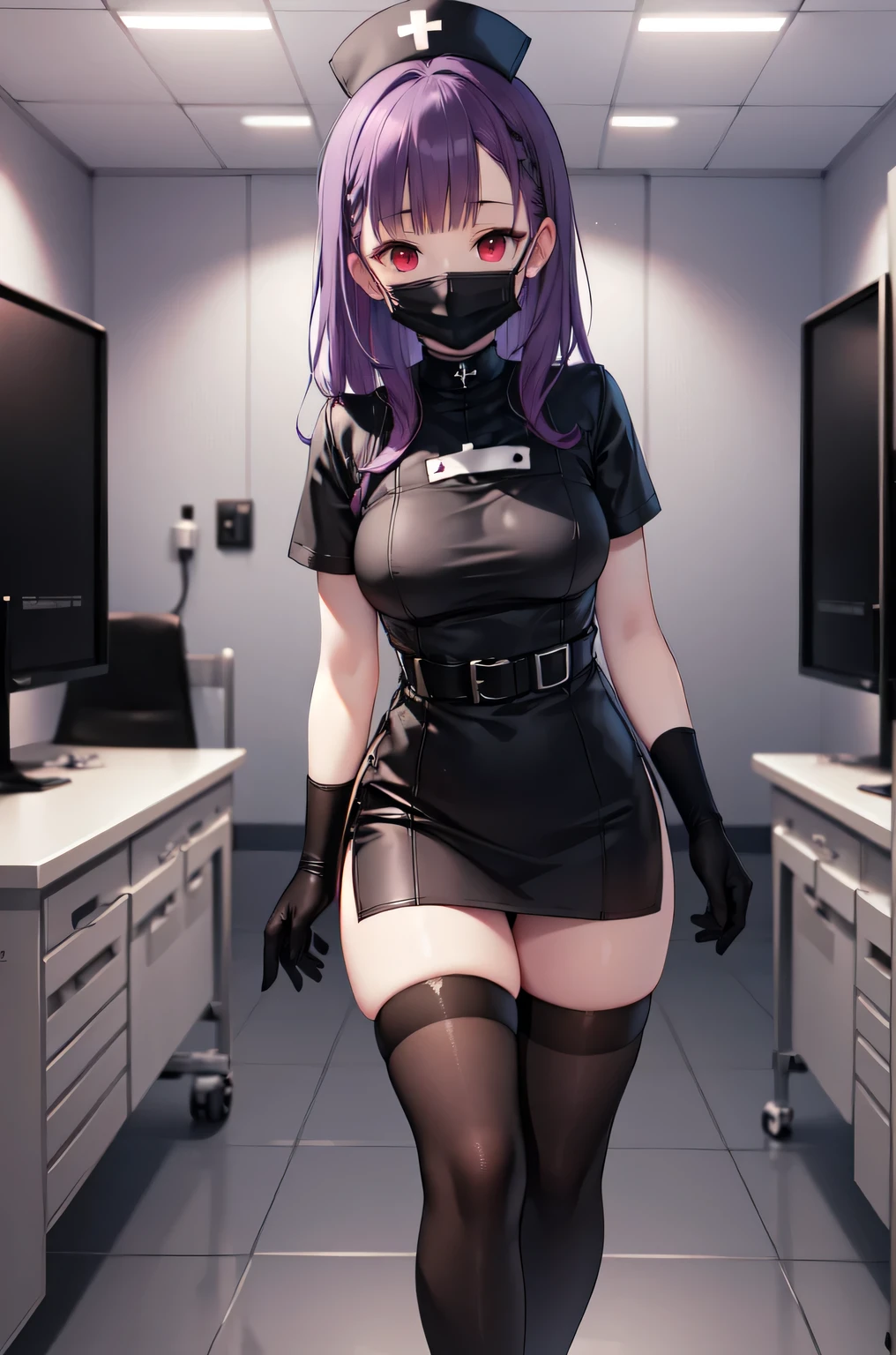 black nurse, 1woman, solo, black nurse cap, black nurse uniform, ((black legwear, zettai ryouiki)), black elbow gloves, long hair, purple hair, red eyes, ((black surgical mask, covered nose)), standing, ((surgery room)), sharp outline, short sleeves, mature female, 35 years old, best quality, masterpiece