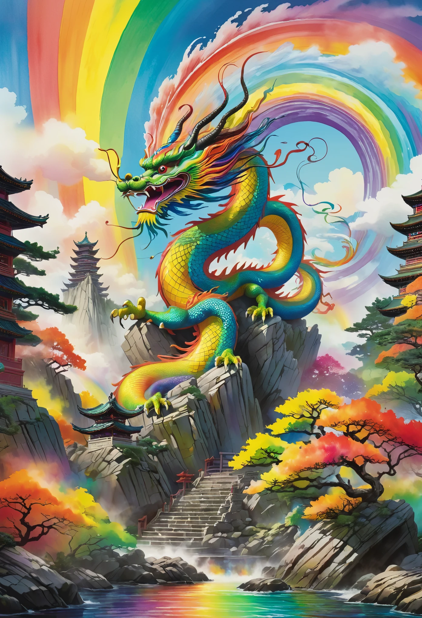 masterpiece, colorful ink painting, a Chinese dragon spiraling into the sky above a rocky shrine grove, rainbow colors 
