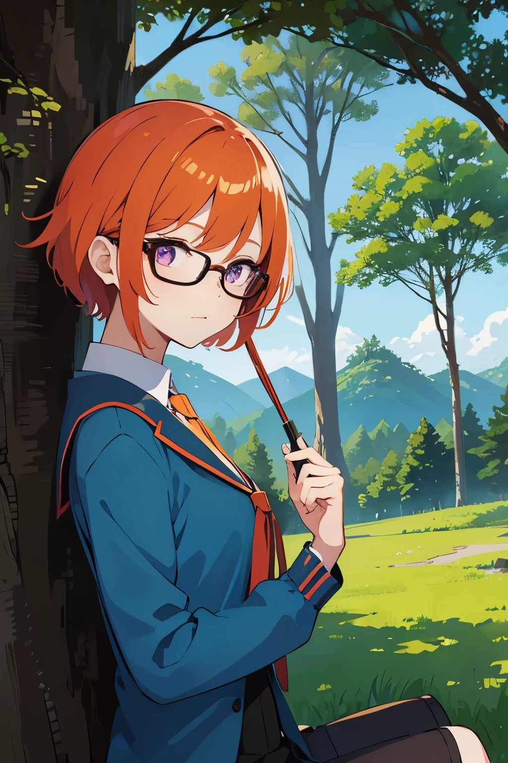 super beautiful , anime illustration、Nature、in the forest、blue sky、sunny、cinematic angle、　red-purple eyes、 short hairstyle、straight short、orange hair、cute girl、wearing glasses、